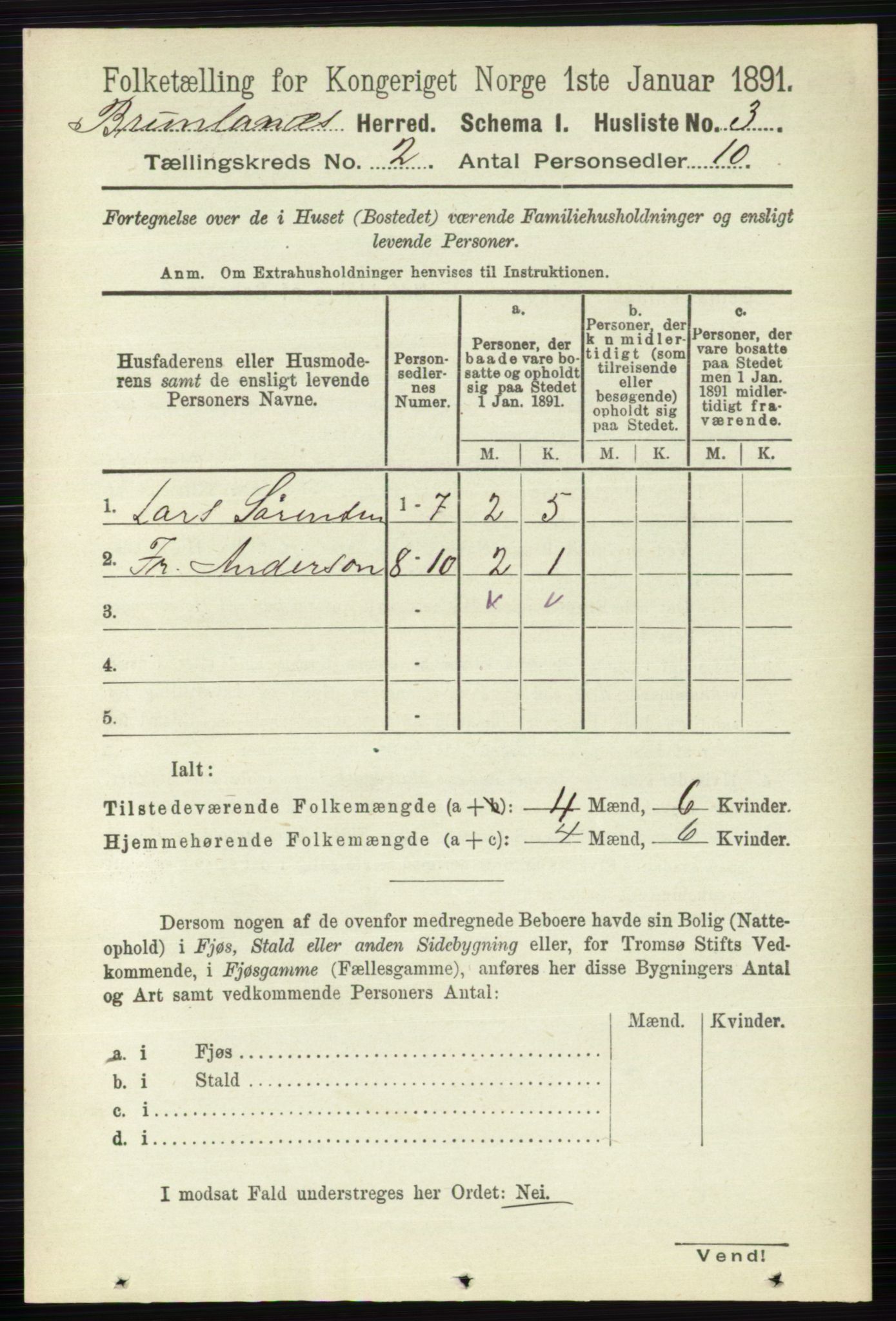 RA, 1891 census for 0726 Brunlanes, 1891, p. 603