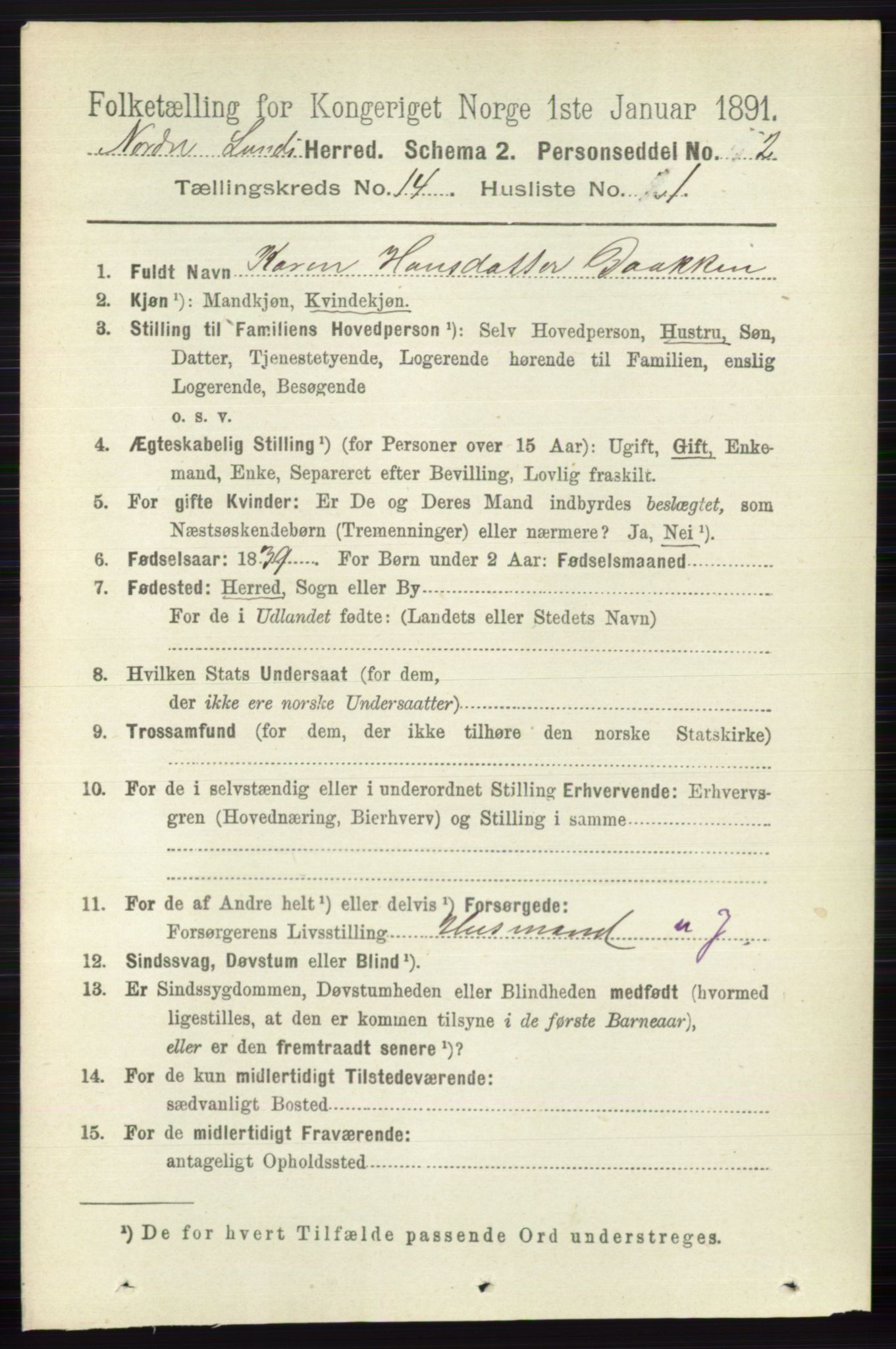 RA, 1891 census for 0538 Nordre Land, 1891, p. 3629