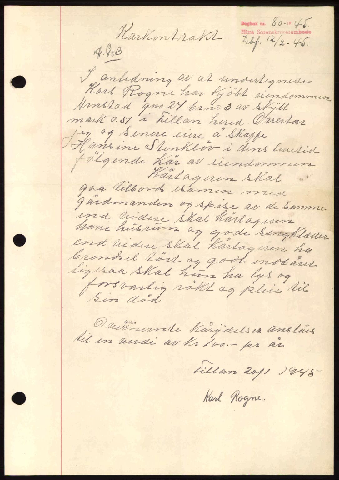 Hitra sorenskriveri, AV/SAT-A-0018/2/2C/2Ca: Mortgage book no. B1, 1939-1949, Diary no: : 80/1945