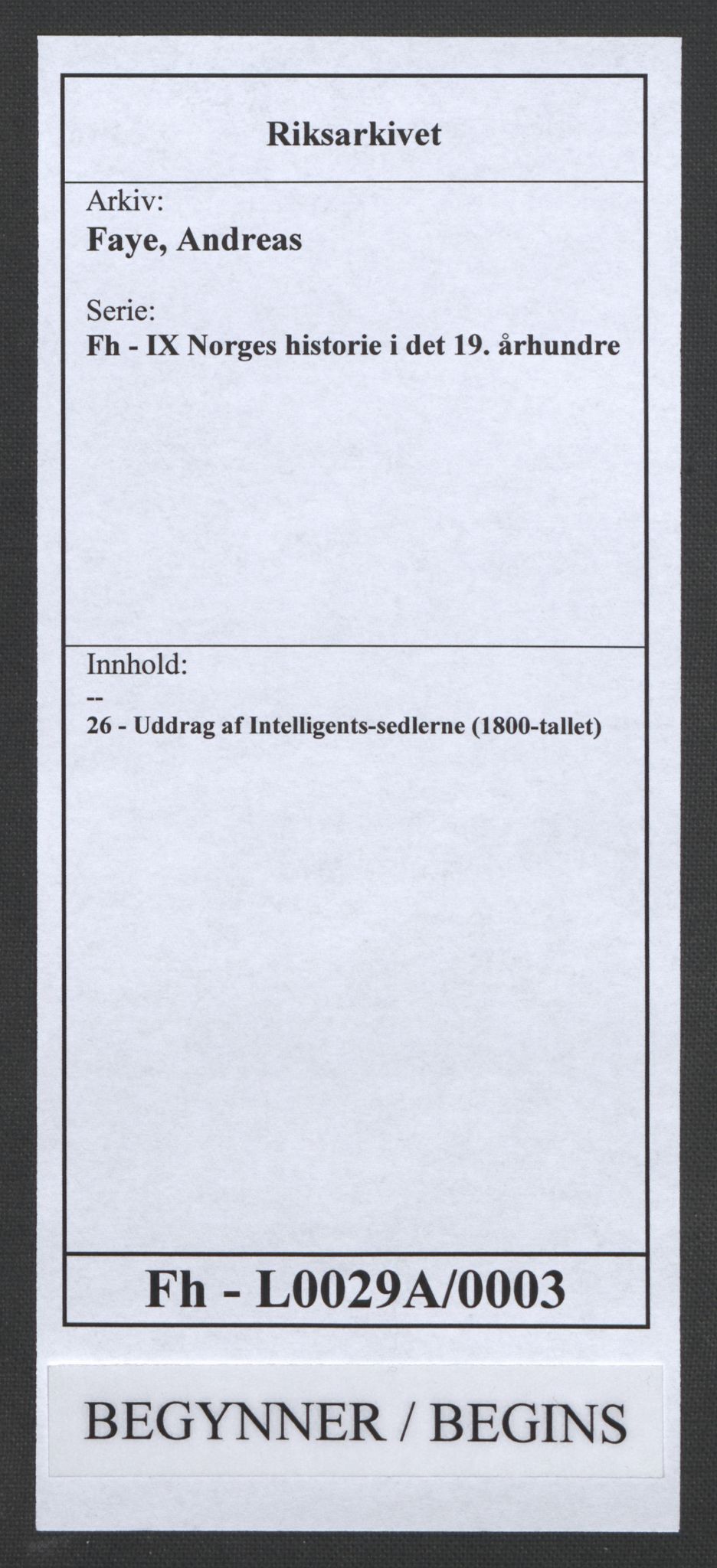 Faye, Andreas, RA/PA-0015/F/Fh/L0029A/0003: -- / Uddrag af Intelligents-sedlerne (1800-tallet), p. 1