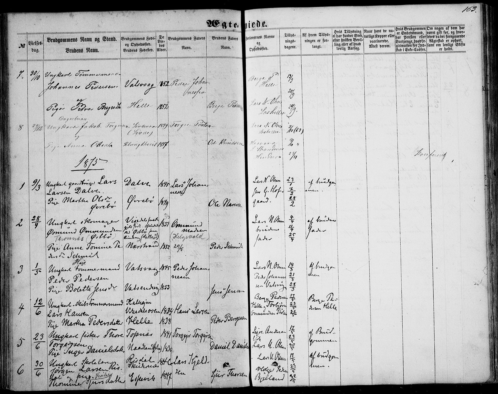 Nedstrand sokneprestkontor, AV/SAST-A-101841/01/IV: Parish register (official) no. A 9, 1861-1876, p. 163