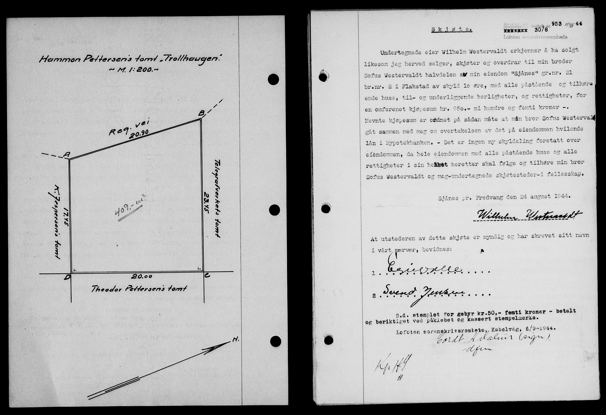 Lofoten sorenskriveri, SAT/A-0017/1/2/2C/L0012a: Mortgage book no. 12a, 1943-1944, Diary no: : 953/1944