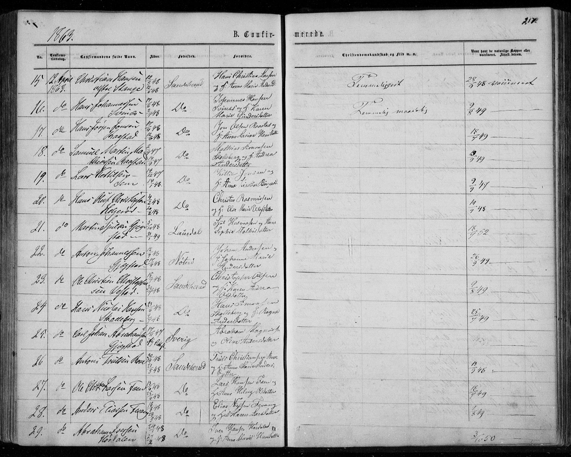 Sandar kirkebøker, SAKO/A-243/F/Fa/L0008: Parish register (official) no. 8, 1862-1871, p. 251