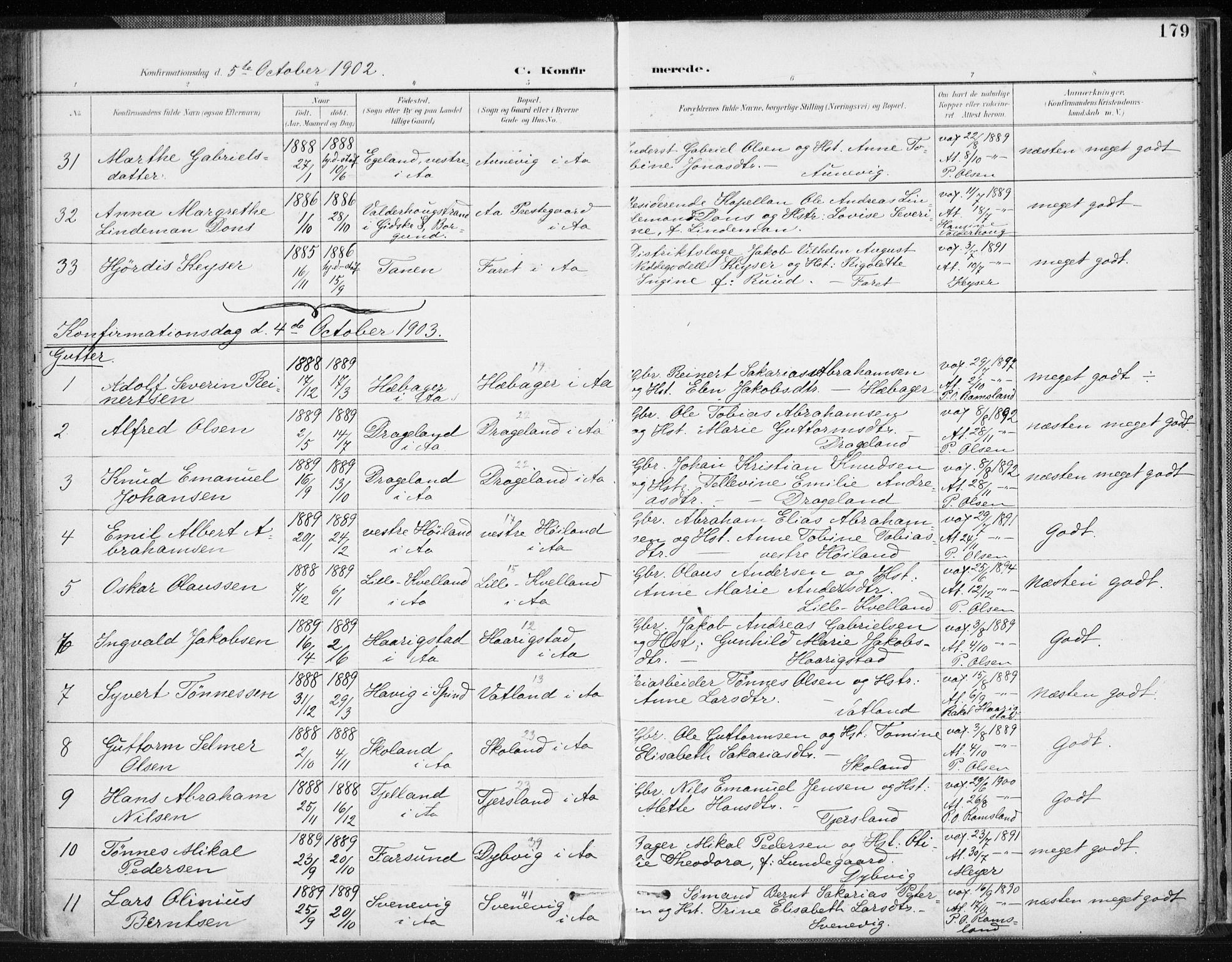 Lyngdal sokneprestkontor, AV/SAK-1111-0029/F/Fa/Fac/L0012: Parish register (official) no. A 12, 1894-1918, p. 179