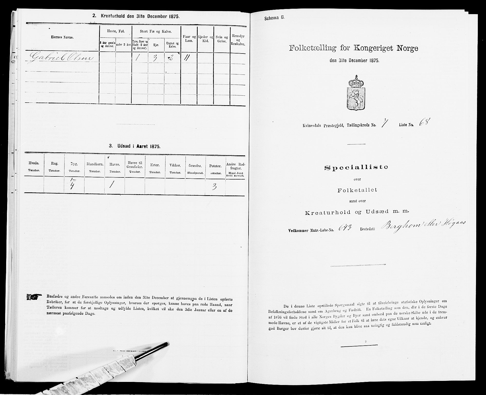 SAK, 1875 census for 1037P Kvinesdal, 1875, p. 1224