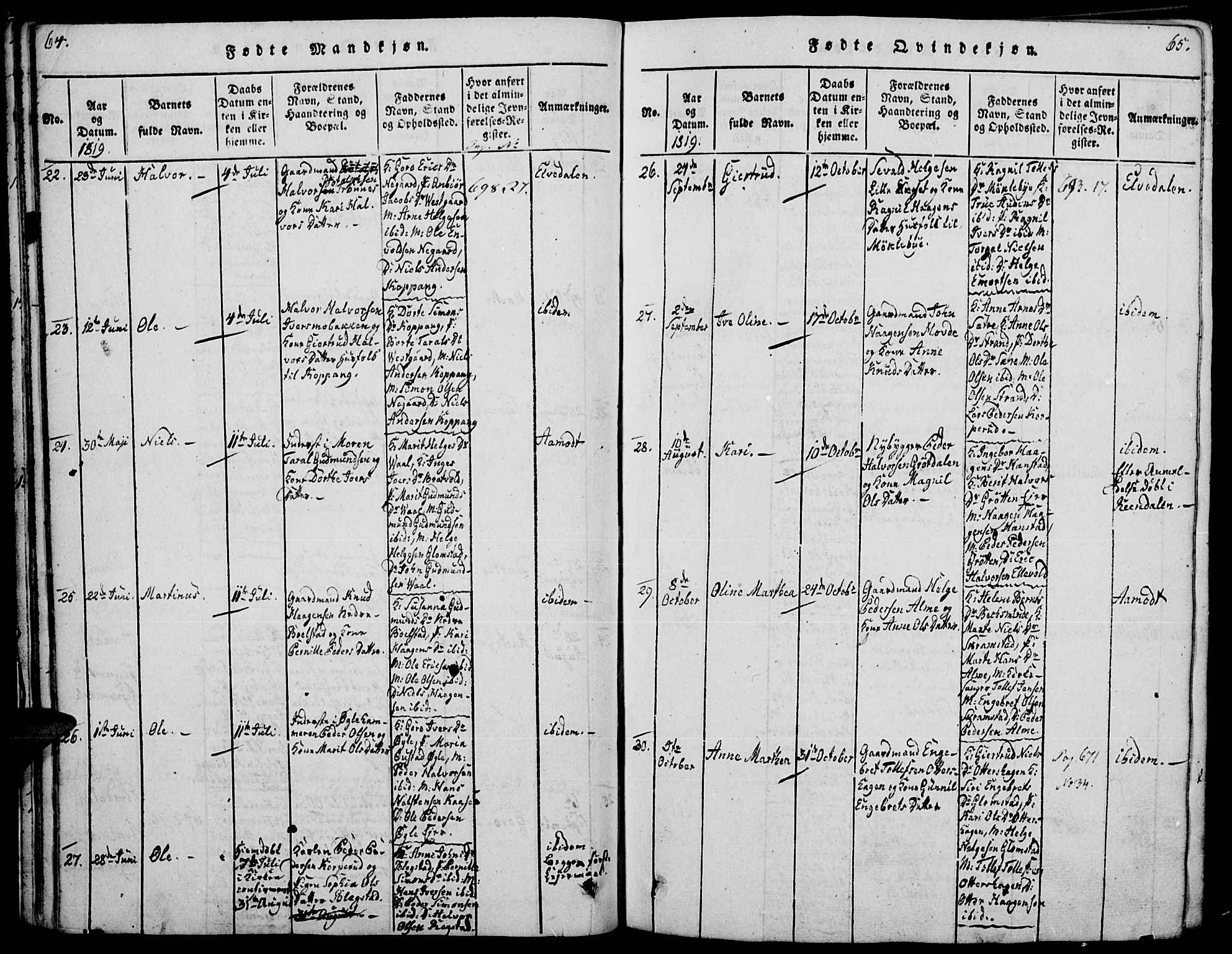 Åmot prestekontor, Hedmark, AV/SAH-PREST-056/H/Ha/Haa/L0005: Parish register (official) no. 5, 1815-1841, p. 64-65