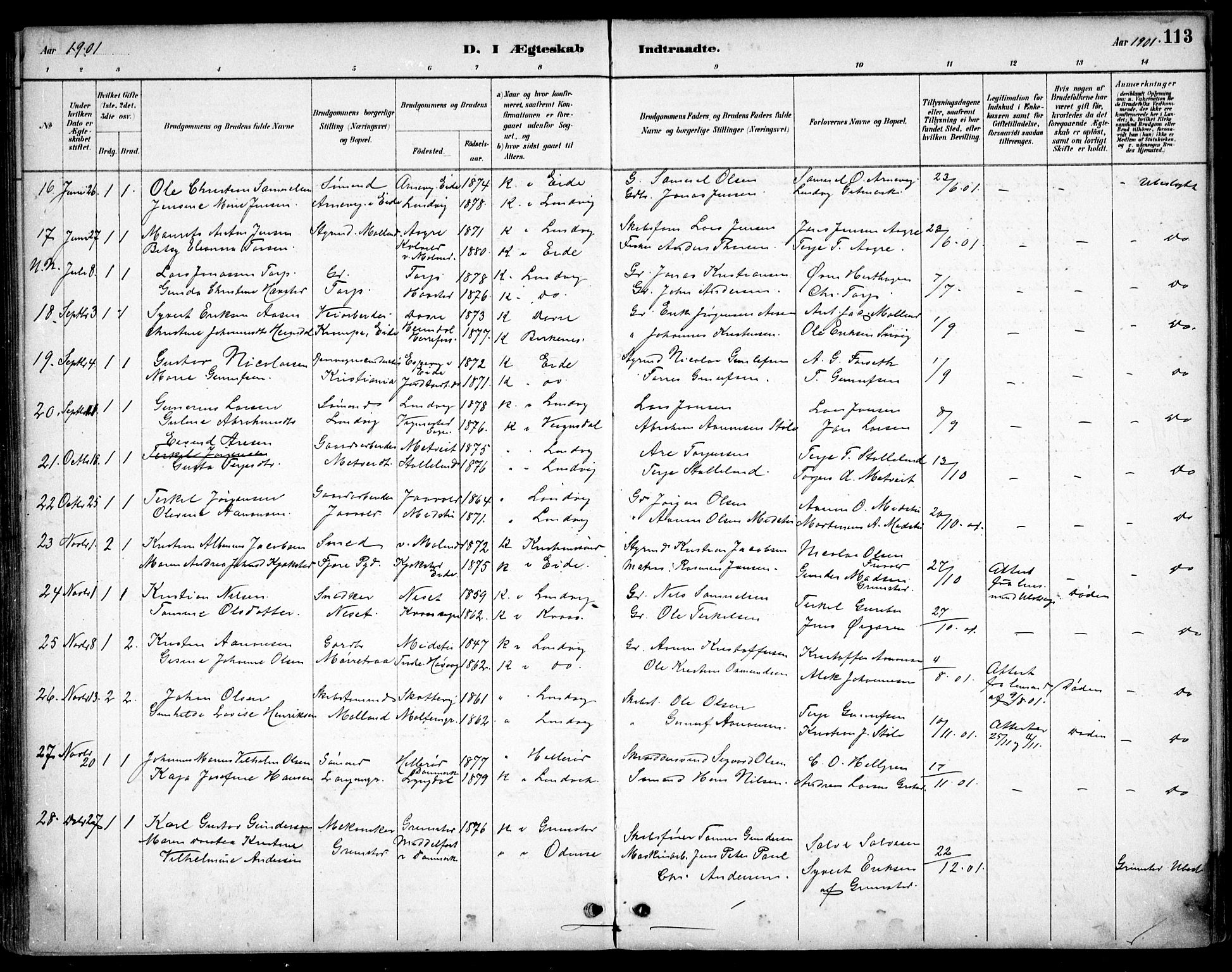 Hommedal sokneprestkontor, AV/SAK-1111-0023/F/Fb/Fbb/L0007: Parish register (copy) no. B 7, 1885-1904, p. 113