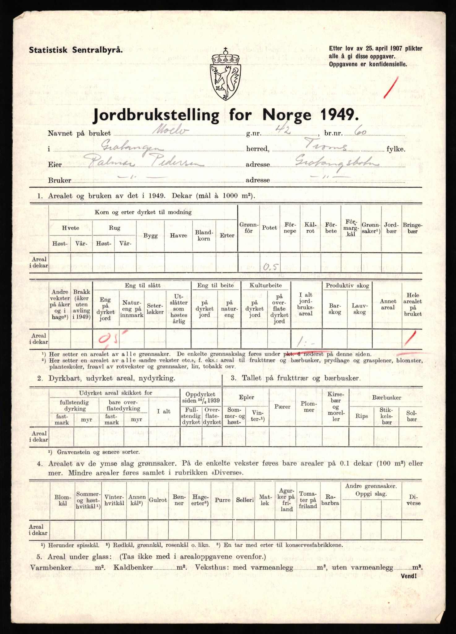 Statistisk sentralbyrå, Næringsøkonomiske emner, Jordbruk, skogbruk, jakt, fiske og fangst, AV/RA-S-2234/G/Gc/L0437: Troms: Gratangen og Lavangen, 1949, p. 612