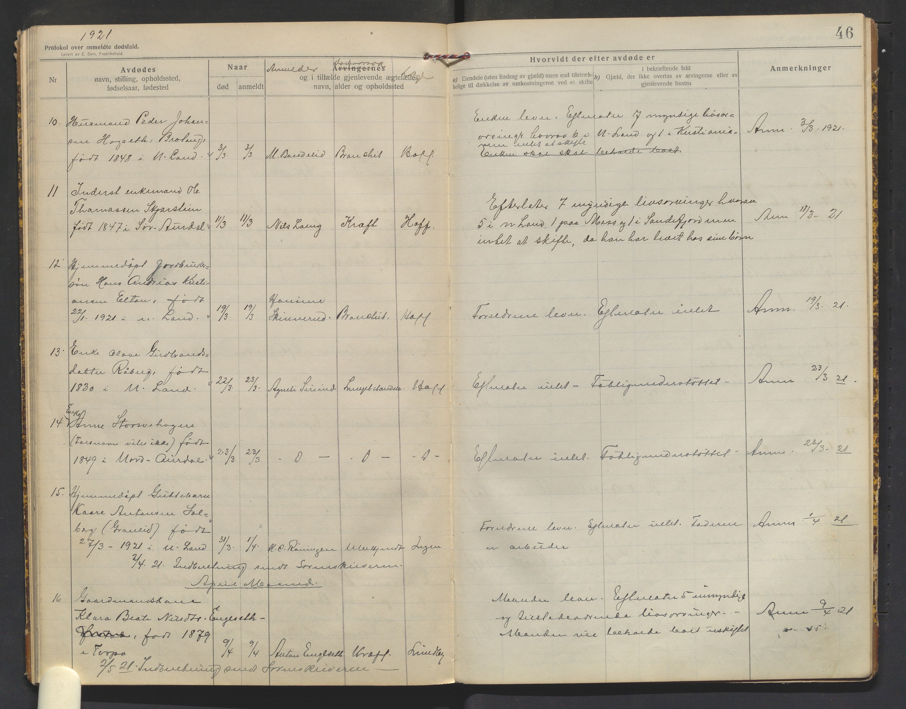 Nordre Land lensmannskontor, AV/SAH-LON-013/H/Ha/Haa/L0001/0003: Dødsfallsprotokoller / Dødsfallsprotokoll, 1916-1921, p. 46