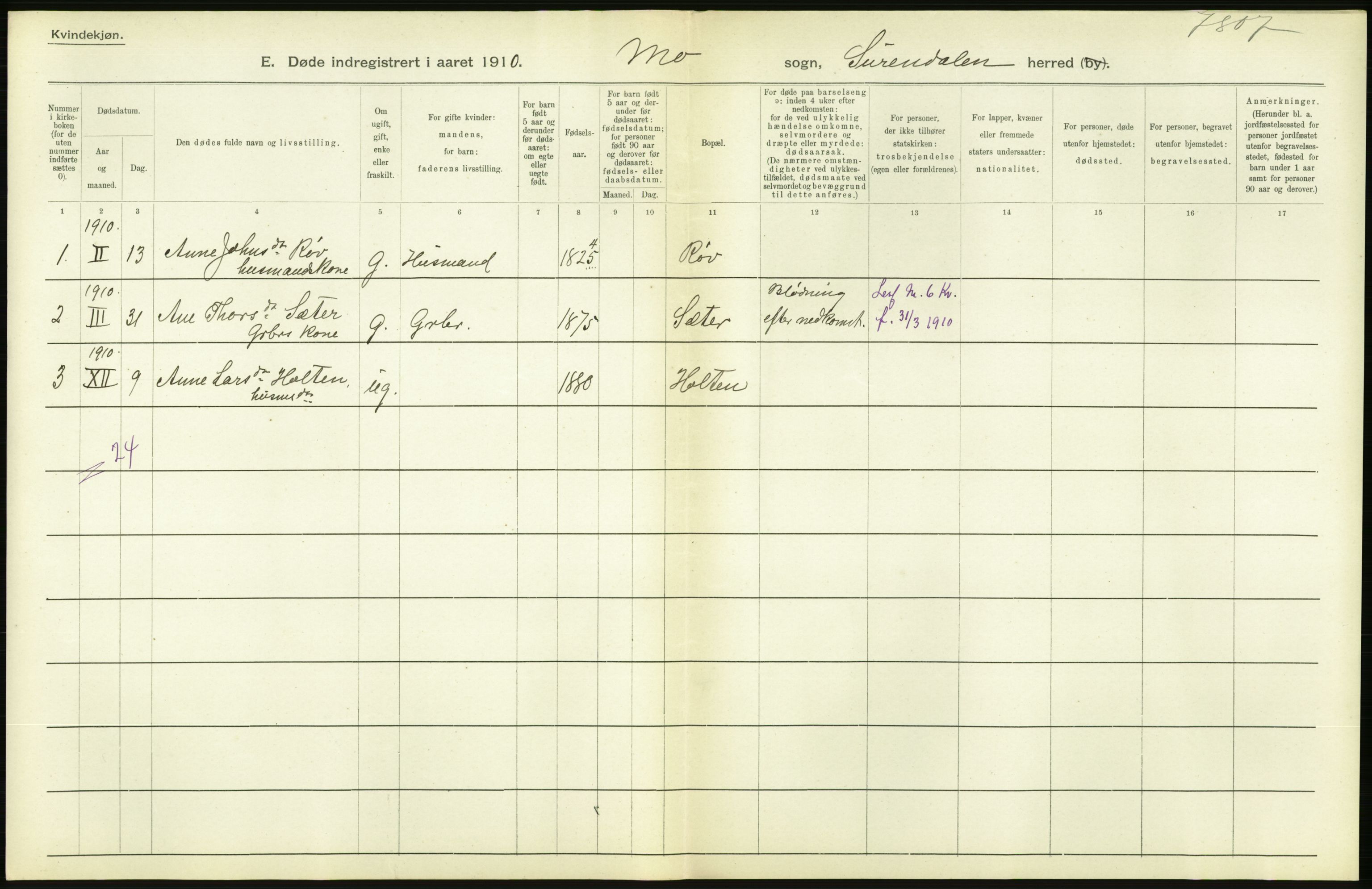 Statistisk sentralbyrå, Sosiodemografiske emner, Befolkning, AV/RA-S-2228/D/Df/Dfa/Dfah/L0034: Romsdals amt: Døde, dødfødte. bygder og byer., 1910, p. 140
