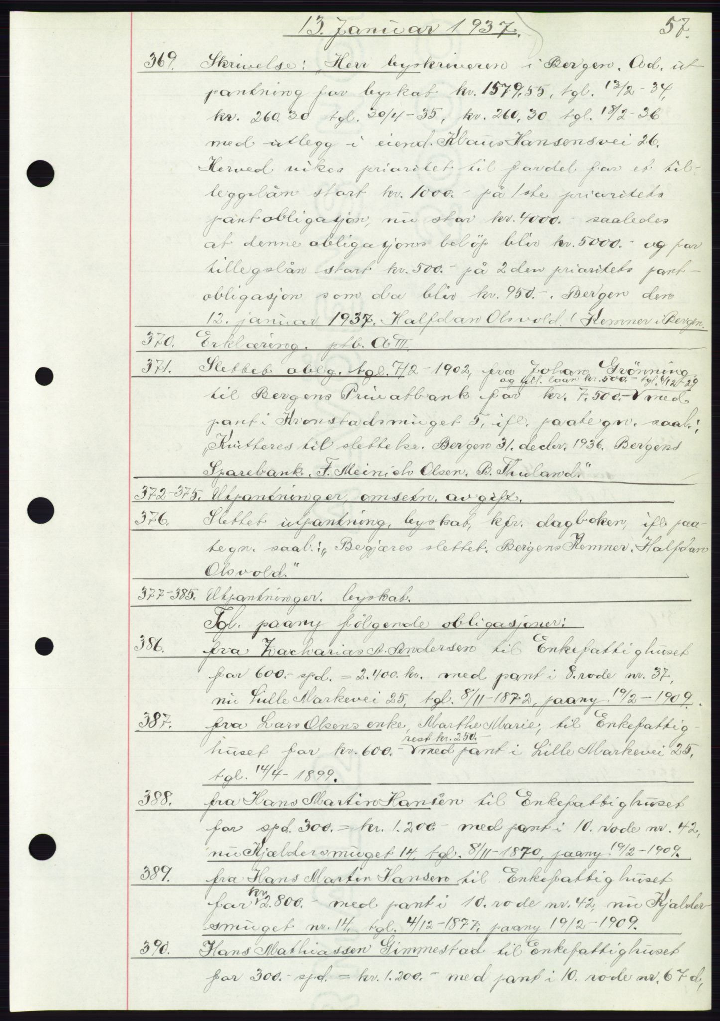 Byfogd og Byskriver i Bergen, AV/SAB-A-3401/03: Mortgage book no. C 3, 1936-1937, Diary no: : 369/1937
