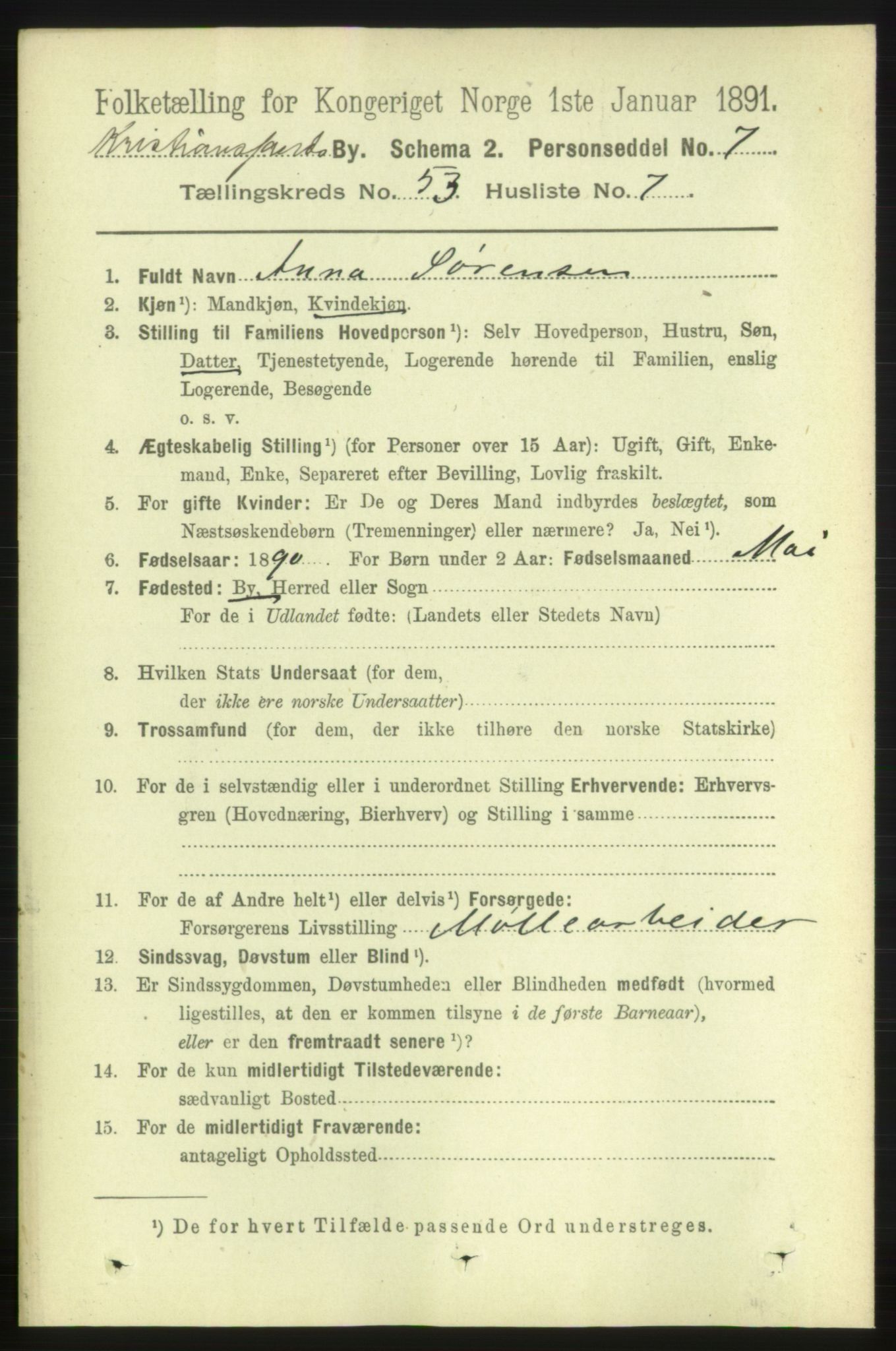 RA, 1891 census for 1001 Kristiansand, 1891, p. 15281