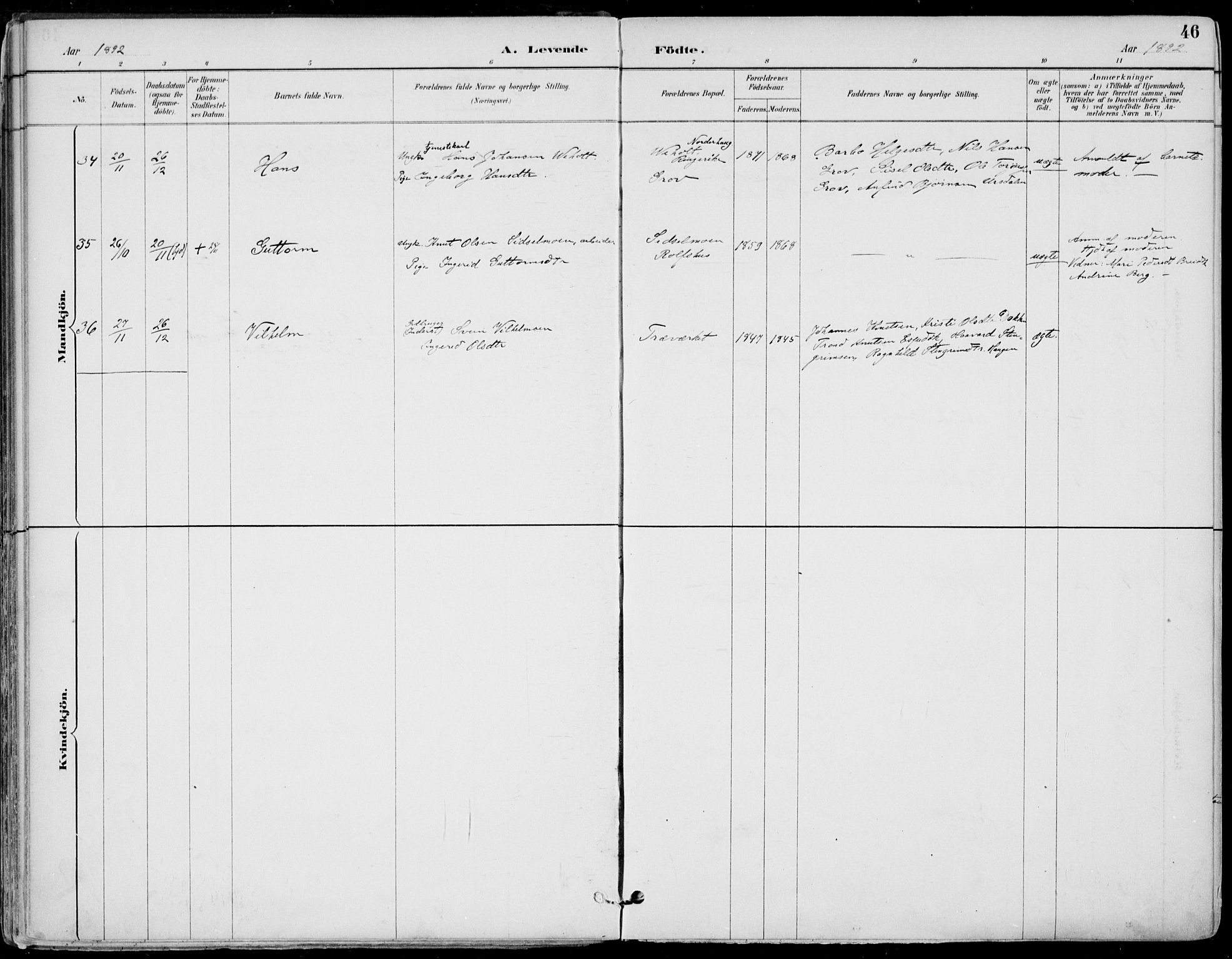 Gol kirkebøker, AV/SAKO-A-226/F/Fa/L0005: Parish register (official) no. I 5, 1887-1900, p. 46