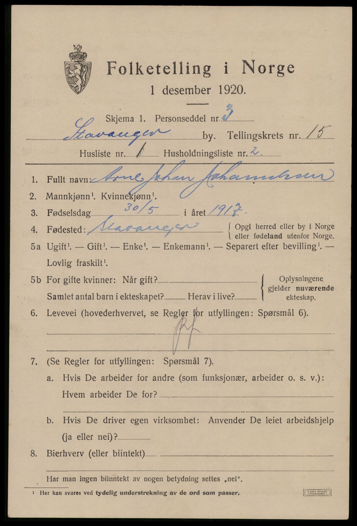 SAST, 1920 census for Stavanger, 1920, p. 61434