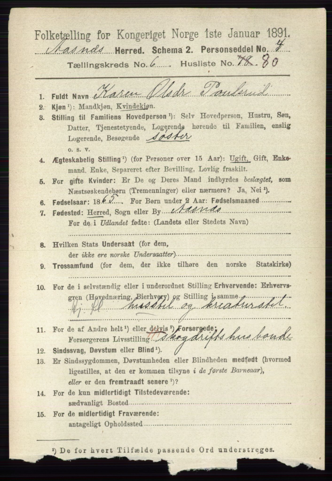 RA, 1891 census for 0425 Åsnes, 1891, p. 3233