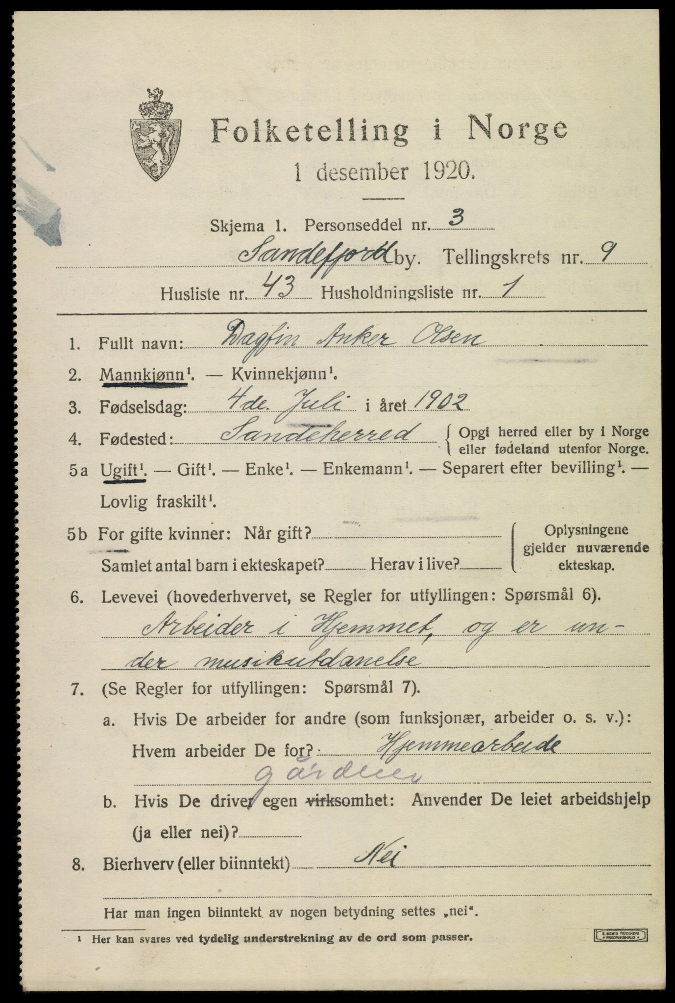 SAKO, 1920 census for Sandefjord, 1920, p. 13502