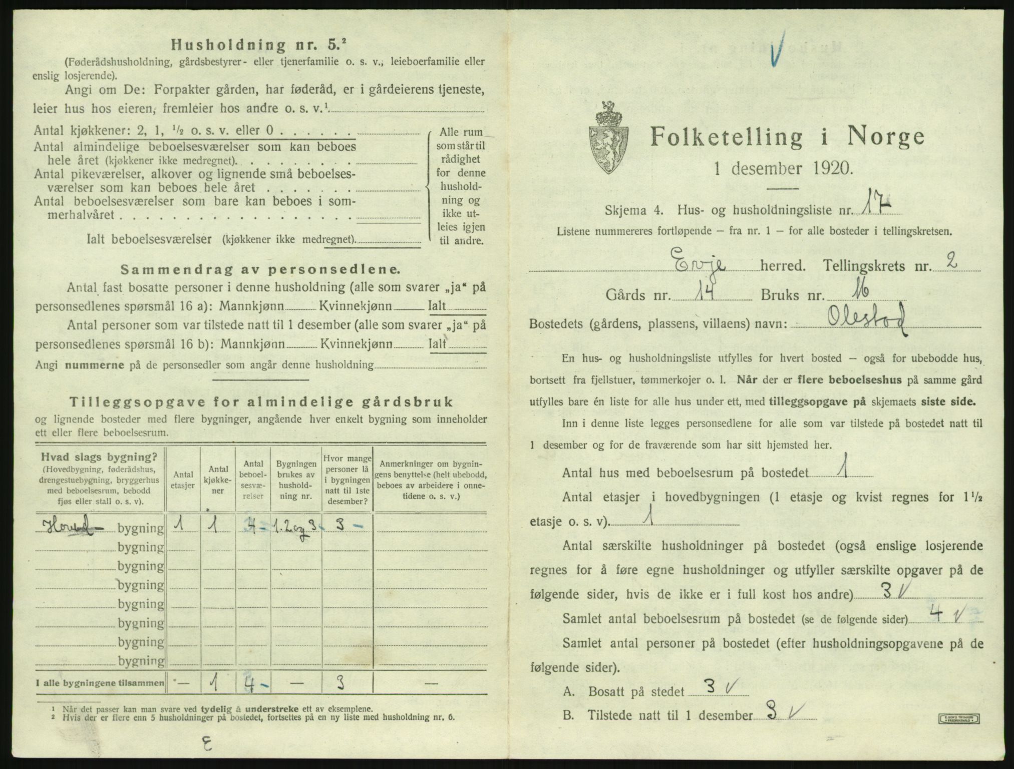 SAK, 1920 census for Evje, 1920, p. 96