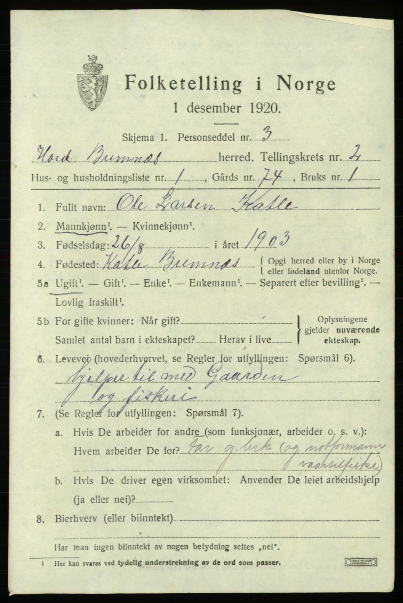 SAB, 1920 census for Bremnes, 1920, p. 1294