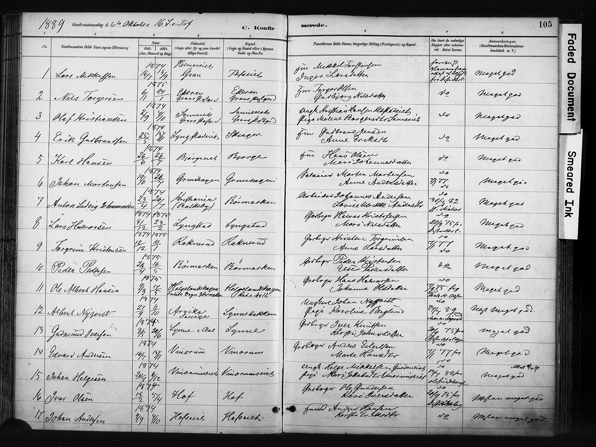 Gran prestekontor, SAH/PREST-112/H/Ha/Haa/L0017: Parish register (official) no. 17, 1889-1897, p. 105