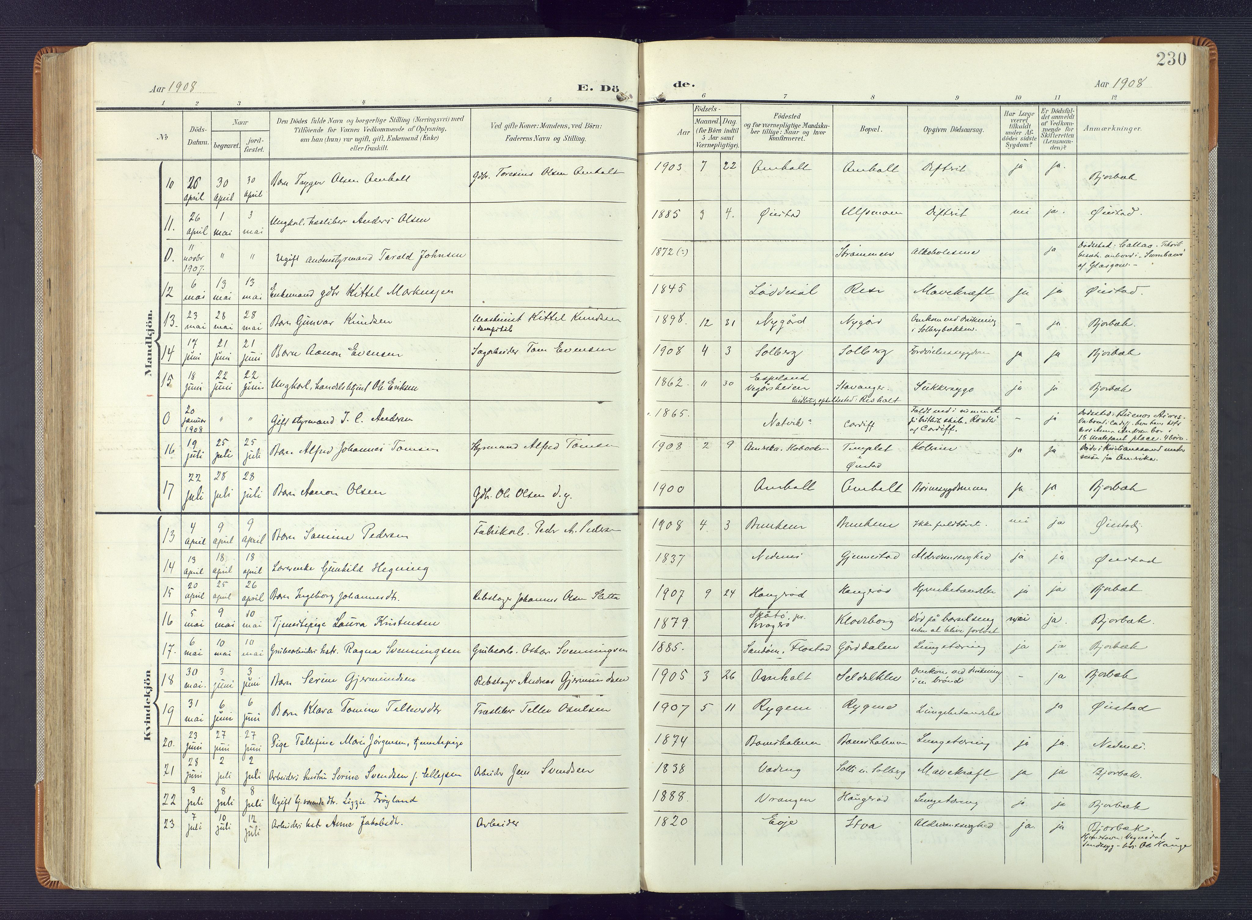 Øyestad sokneprestkontor, AV/SAK-1111-0049/F/Fa/L0019: Parish register (official) no. A 19, 1908-1922, p. 230