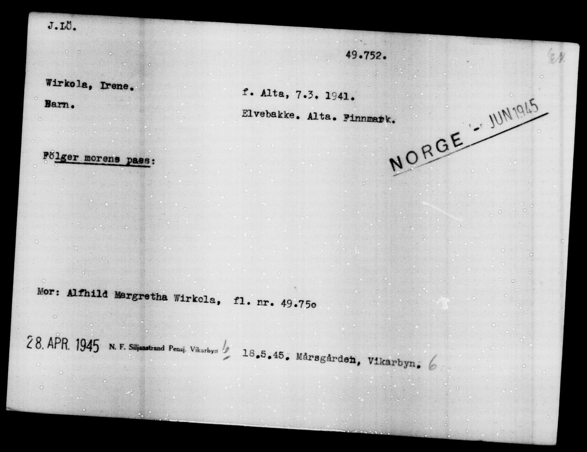 Utenriksstasjonene, Legasjonen i Stockholm, Flyktningkontoret, AV/RA-S-6753/V/Va/L0019: Kjesäterkartoteket, flyktninger med registreringsnr. 49600-55060, 1940-1945, p. 161