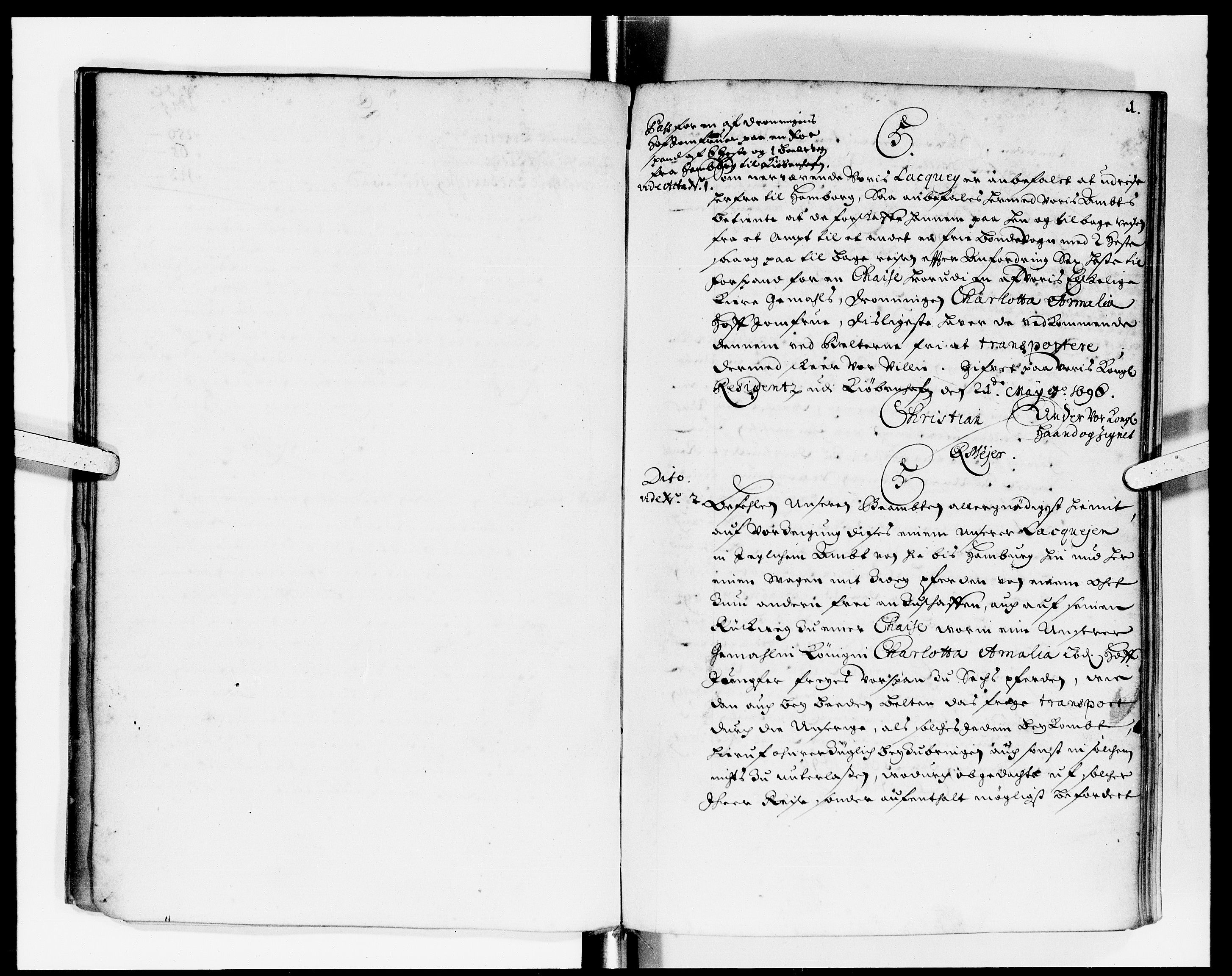 Rentekammeret Skatkammeret, Danske Sekretariat (1660-1679) / Rentekammeret Danske Afdeling, Kammerkancelliet (1679-1771), DRA/A-0007/-/2212-11: Ekspeditionsprotokol, 1696-1697, p. 1