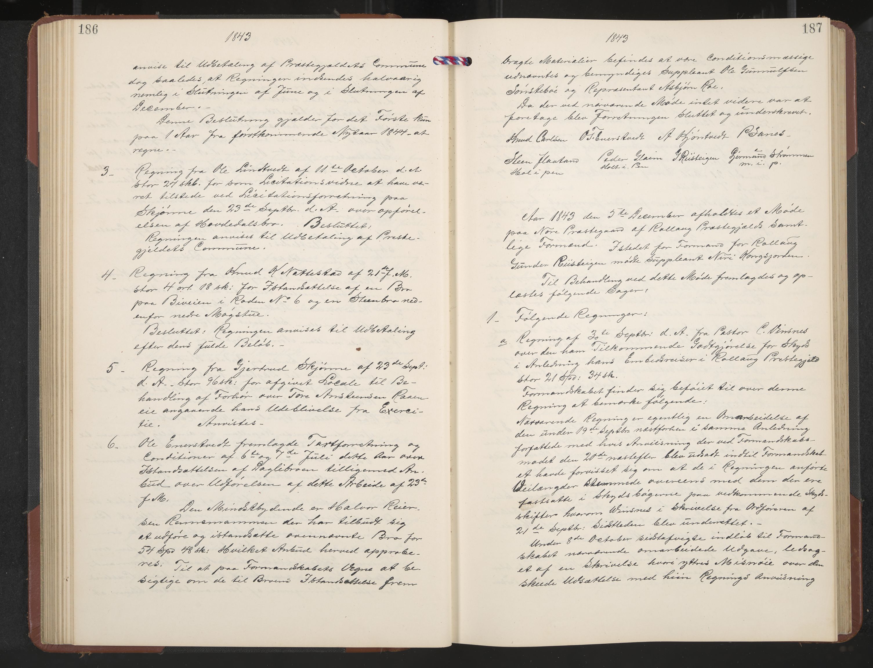 Rollag formannskap og sentraladministrasjon, IKAK/0632021-2/A/Aa/L0001: Møtebok med register, 1837-1859, p. 186-187