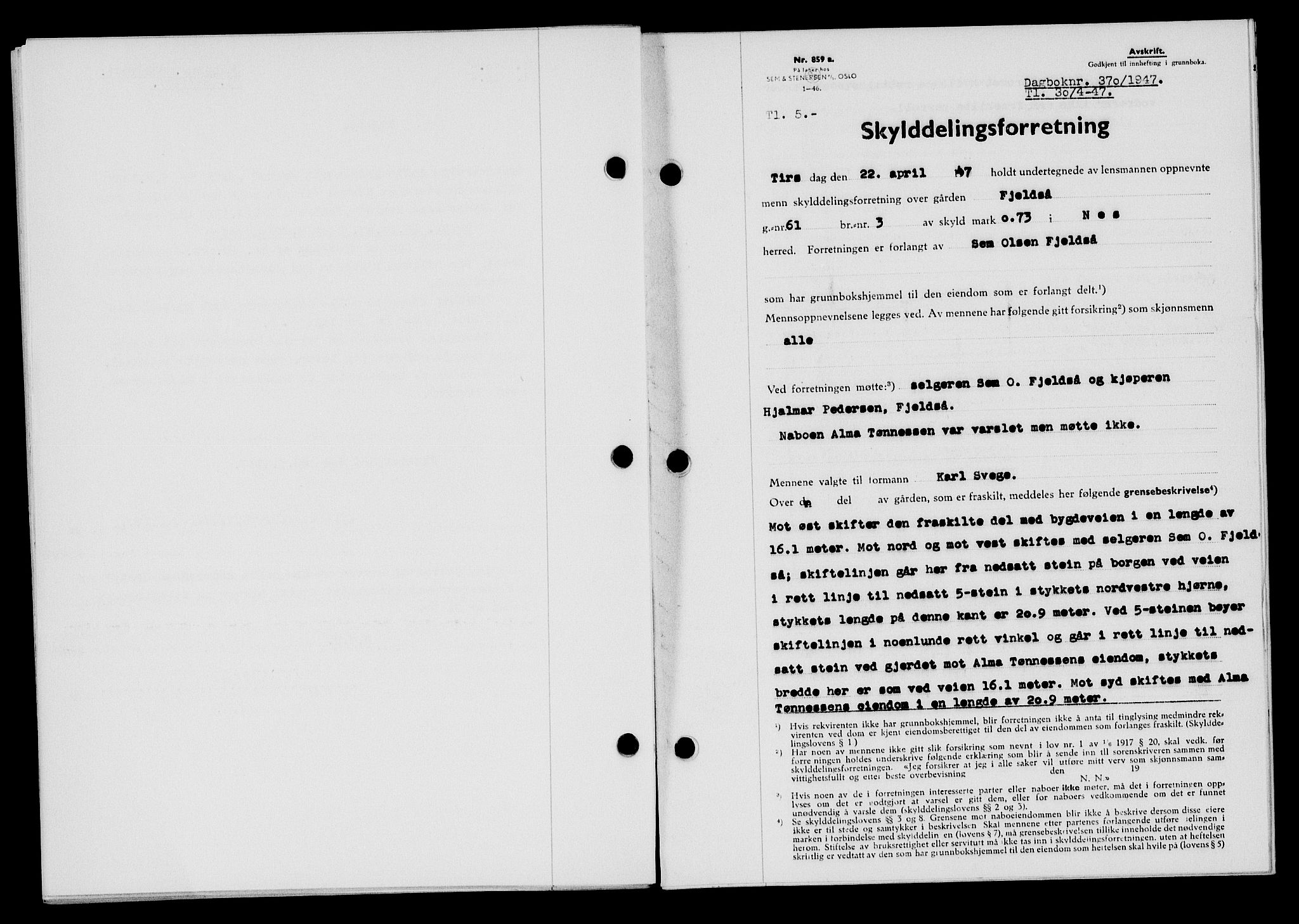 Flekkefjord sorenskriveri, SAK/1221-0001/G/Gb/Gba/L0062: Mortgage book no. A-10, 1947-1947, Diary no: : 370/1947