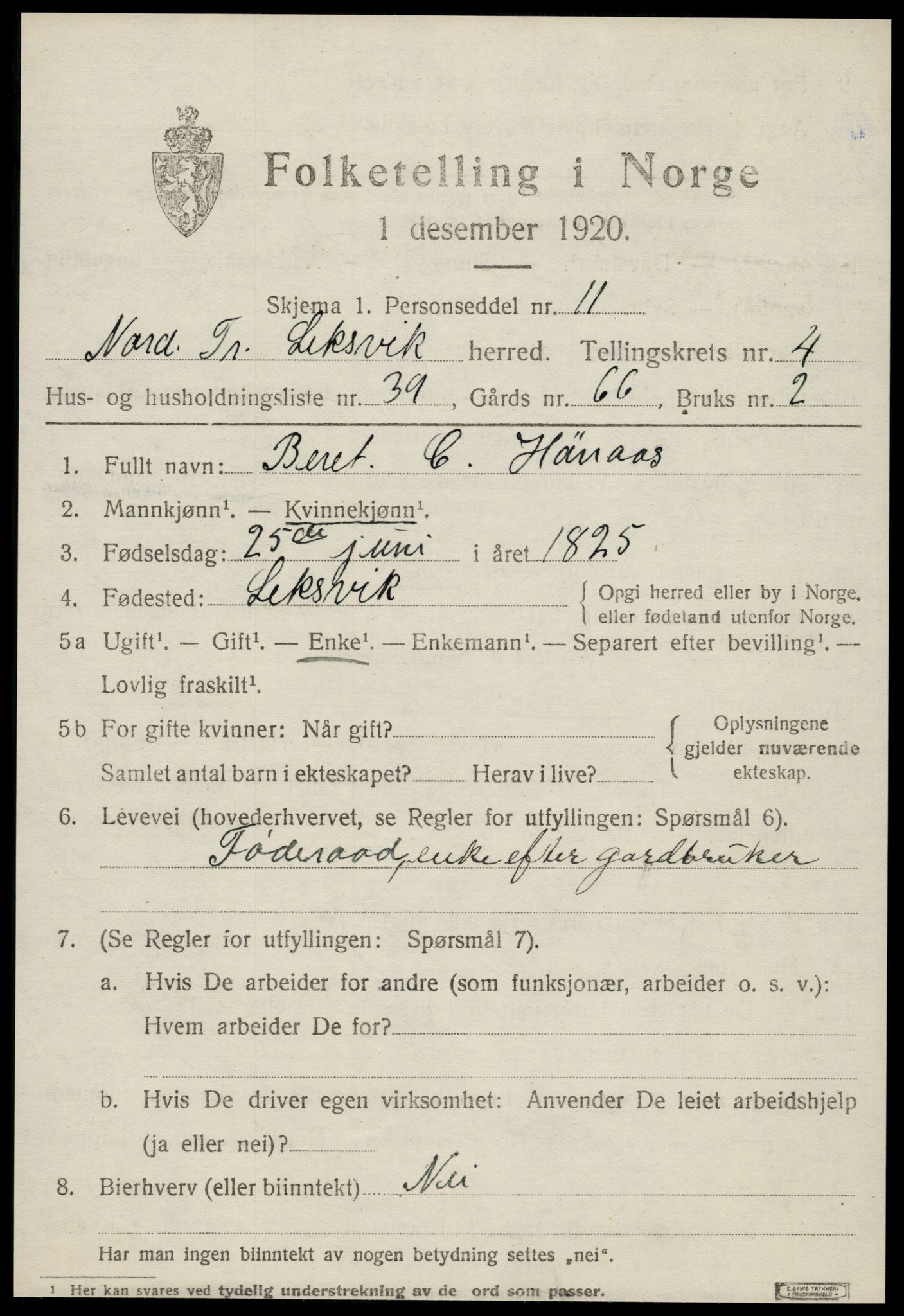 SAT, 1920 census for Leksvik, 1920, p. 4006