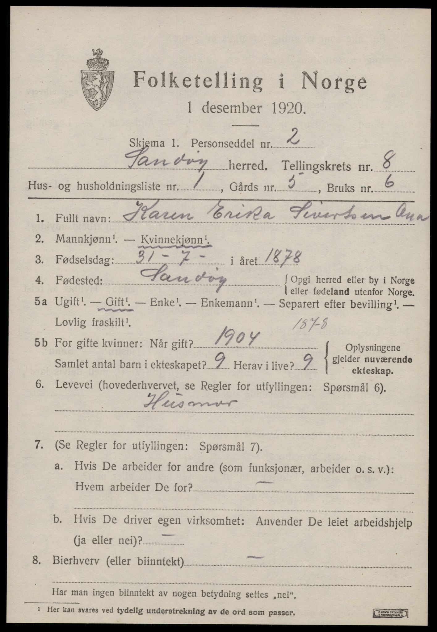 SAT, 1920 census for Sandøy, 1920, p. 2486