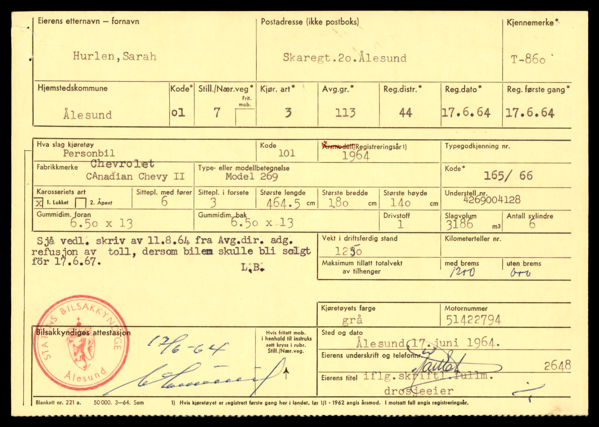 Møre og Romsdal vegkontor - Ålesund trafikkstasjon, SAT/A-4099/F/Fe/L0008: Registreringskort for kjøretøy T 747 - T 894, 1927-1998, p. 2564