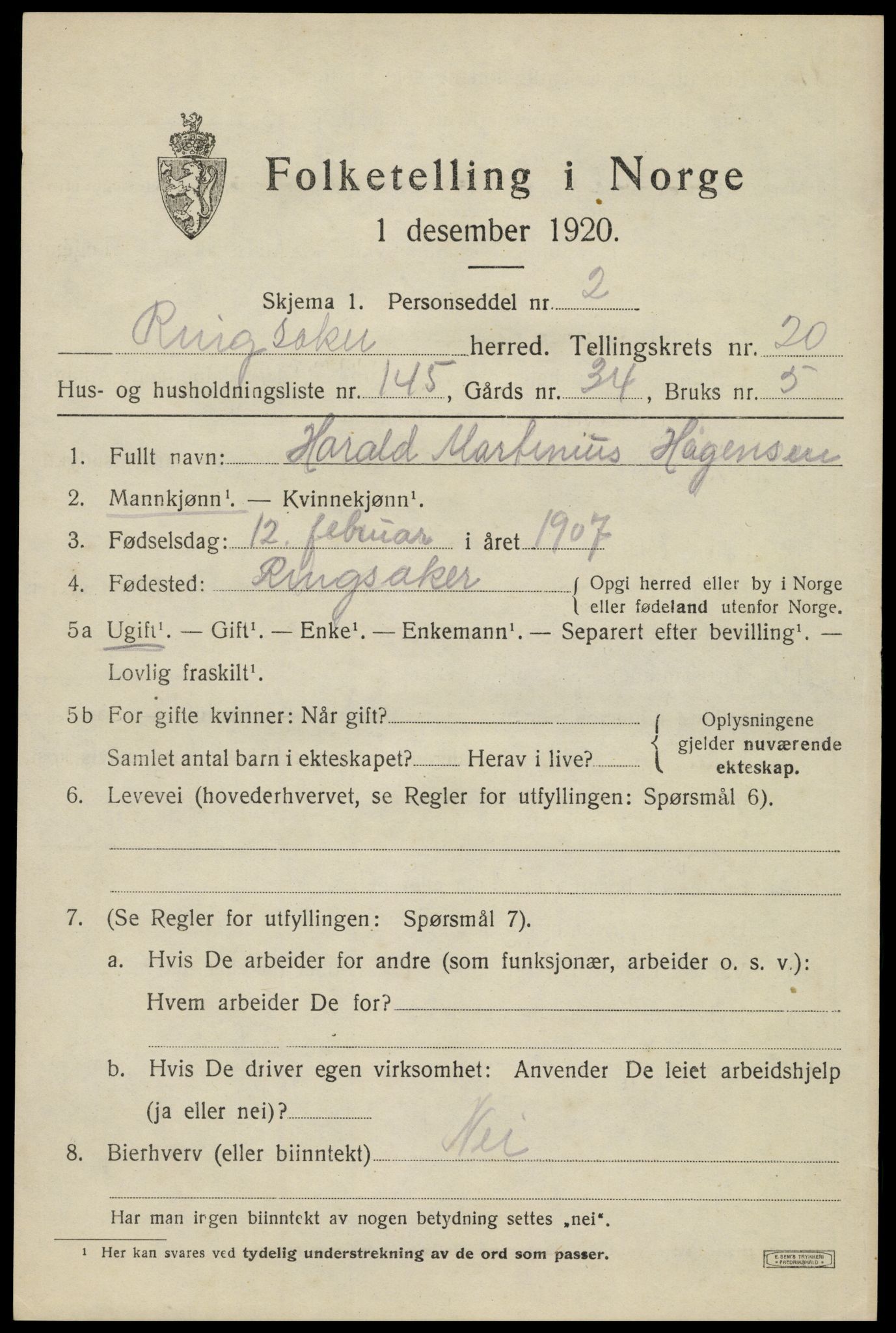 SAH, 1920 census for Ringsaker, 1920, p. 28548