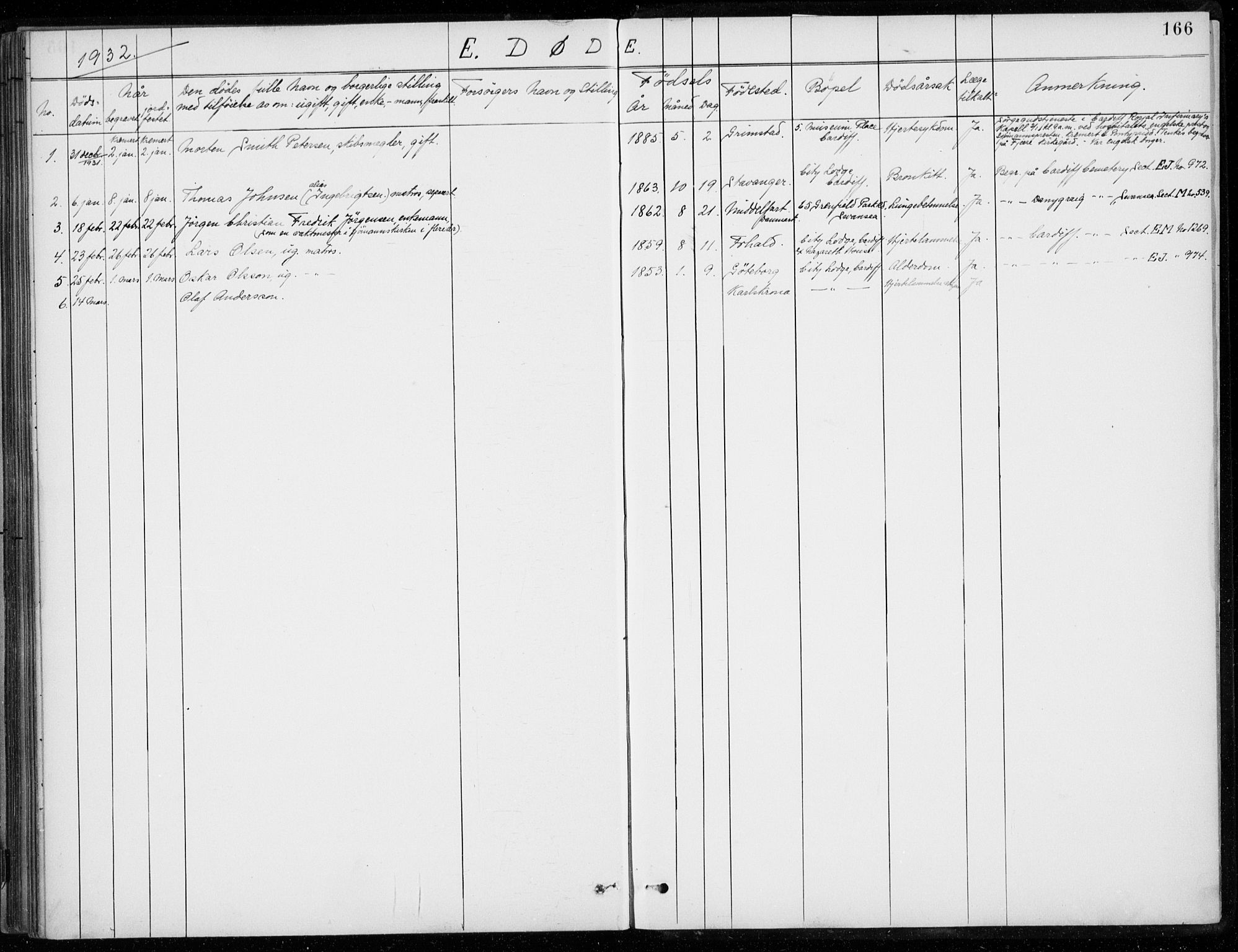 Den norske sjømannsmisjon i utlandet/Bristolhavnene(Cardiff-Swansea), SAB/SAB/PA-0102/H/Ha/Haa/L0002: Parish register (official) no. A 2, 1887-1932, p. 166