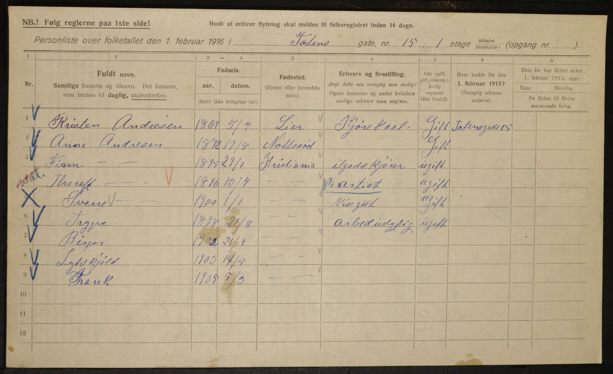 OBA, Municipal Census 1916 for Kristiania, 1916, p. 118740