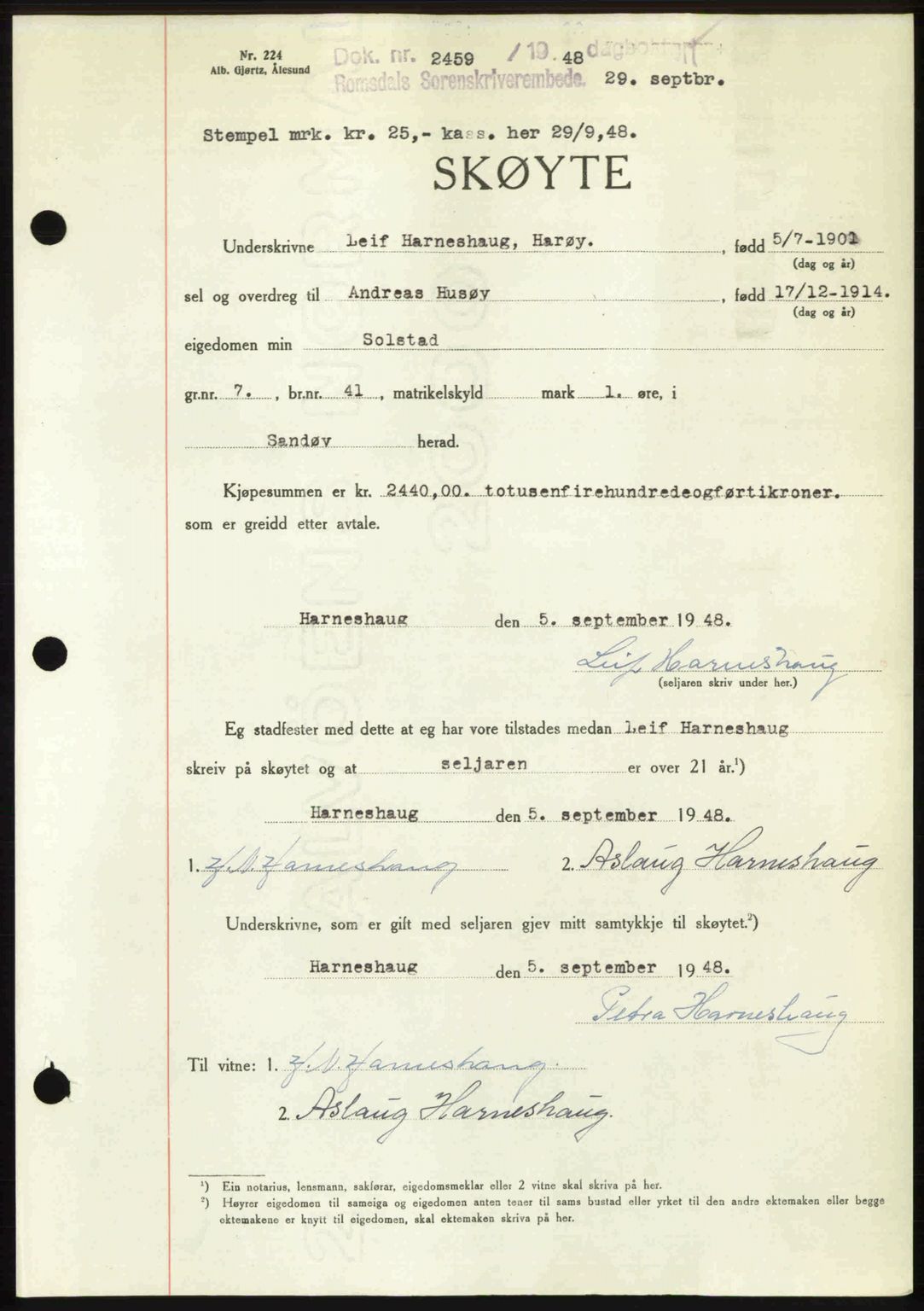 Romsdal sorenskriveri, AV/SAT-A-4149/1/2/2C: Mortgage book no. A27, 1948-1948, Diary no: : 2459/1948