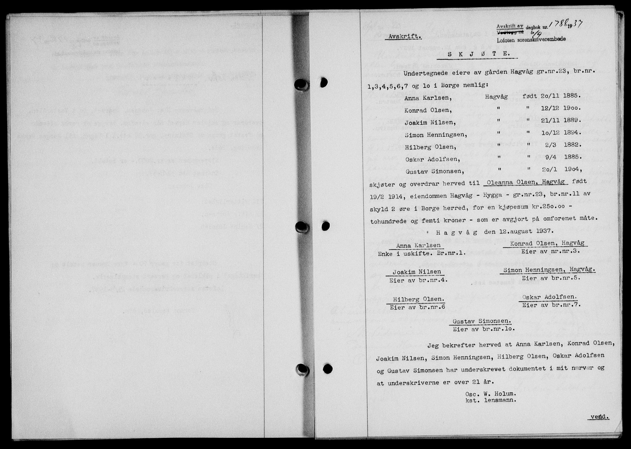Lofoten sorenskriveri, SAT/A-0017/1/2/2C/L0002a: Mortgage book no. 2a, 1937-1937, Diary no: : 1788/1937