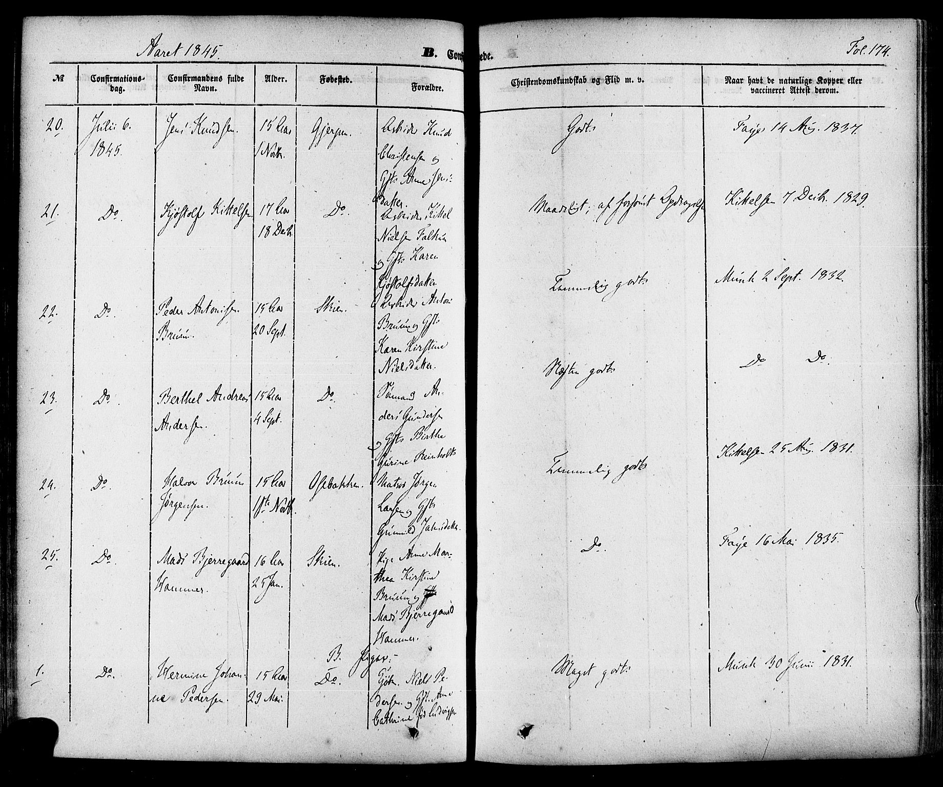 Skien kirkebøker, AV/SAKO-A-302/F/Fa/L0006a: Parish register (official) no. 6A, 1843-1856, p. 174