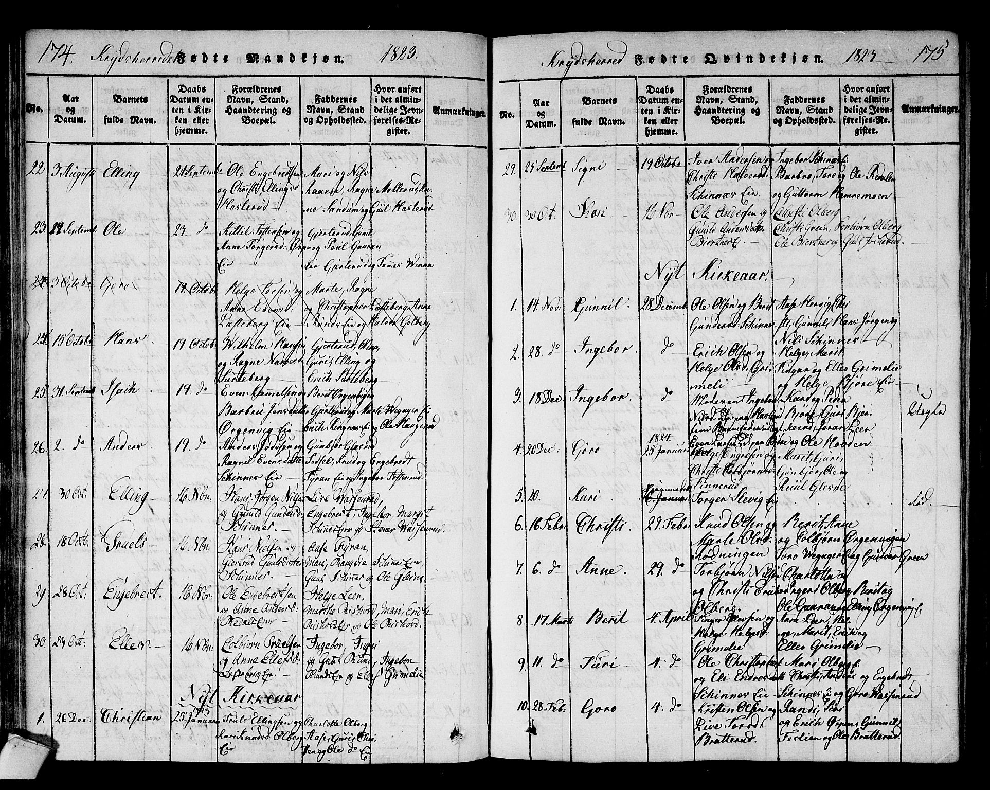 Sigdal kirkebøker, AV/SAKO-A-245/F/Fa/L0005: Parish register (official) no. I 5 /3, 1815-1829, p. 174-175