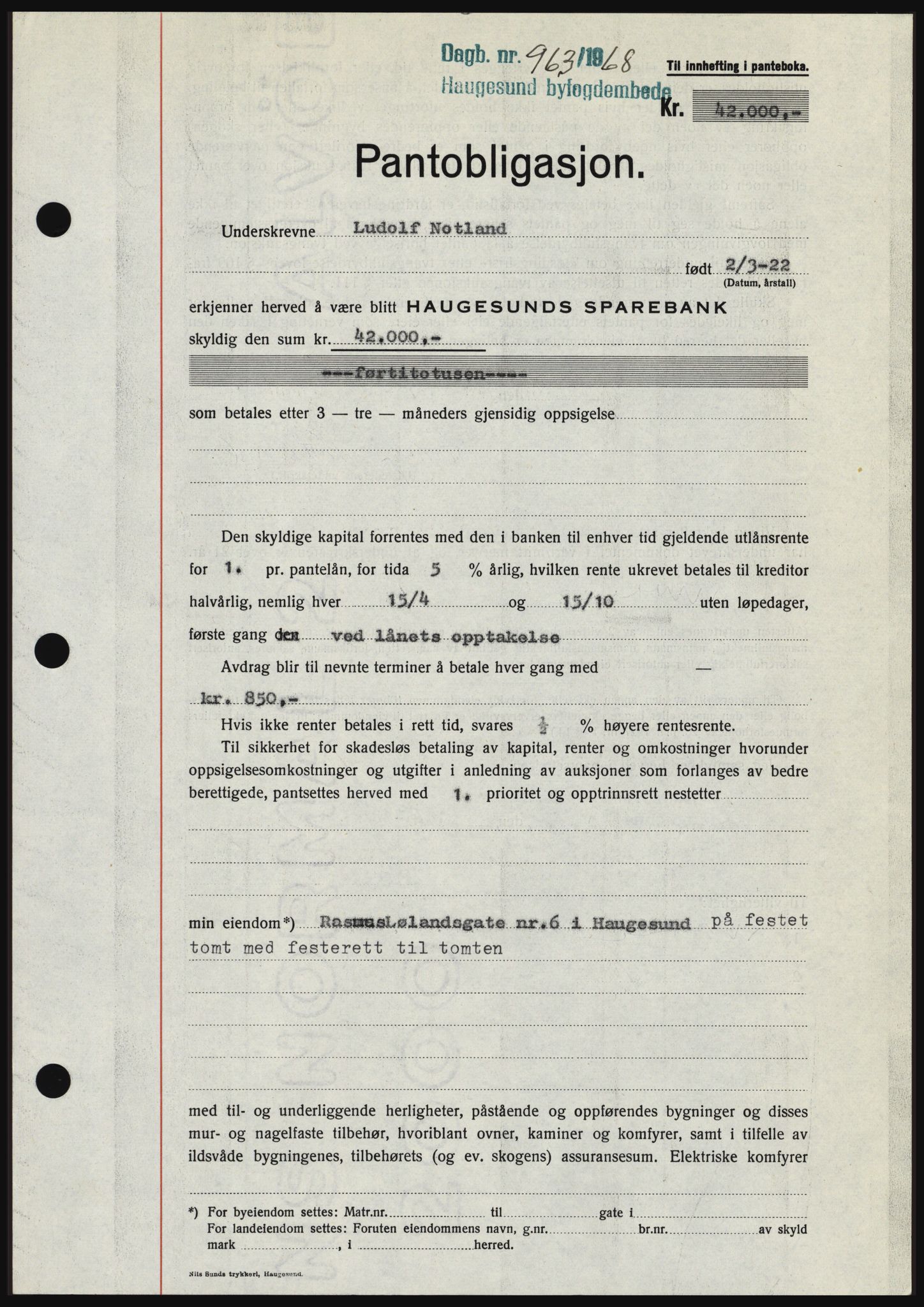 Haugesund tingrett, SAST/A-101415/01/II/IIC/L0058: Mortgage book no. B 58, 1967-1968, Diary no: : 963/1968