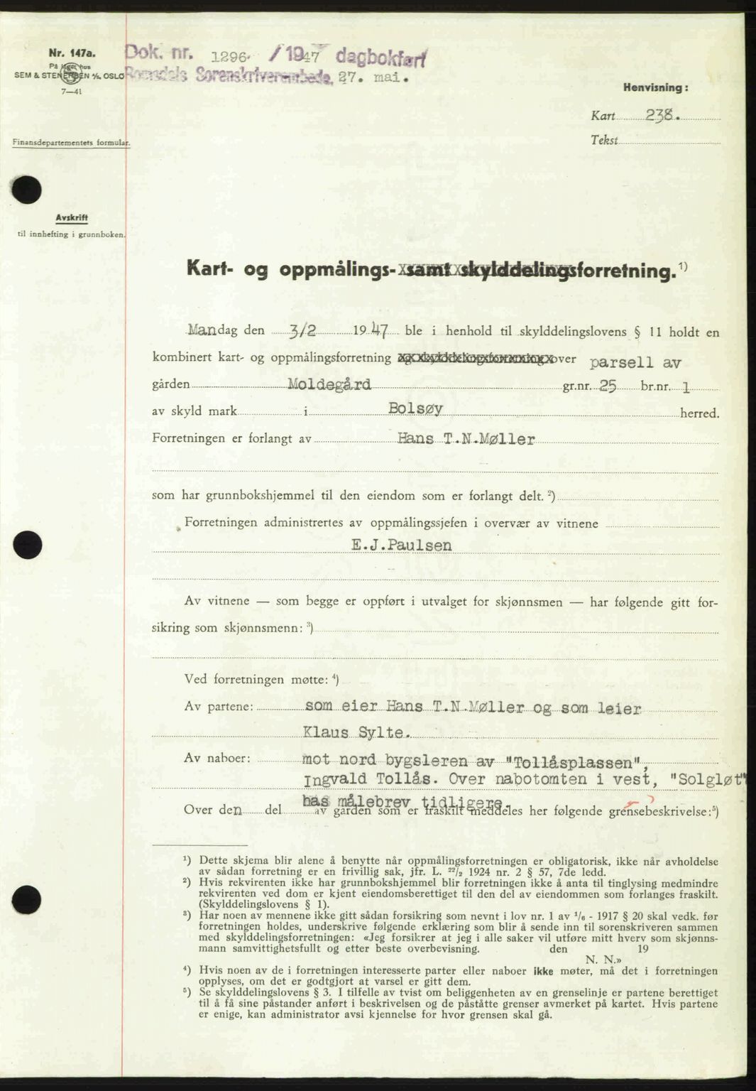 Romsdal sorenskriveri, AV/SAT-A-4149/1/2/2C: Mortgage book no. A23, 1947-1947, Diary no: : 1296/1947