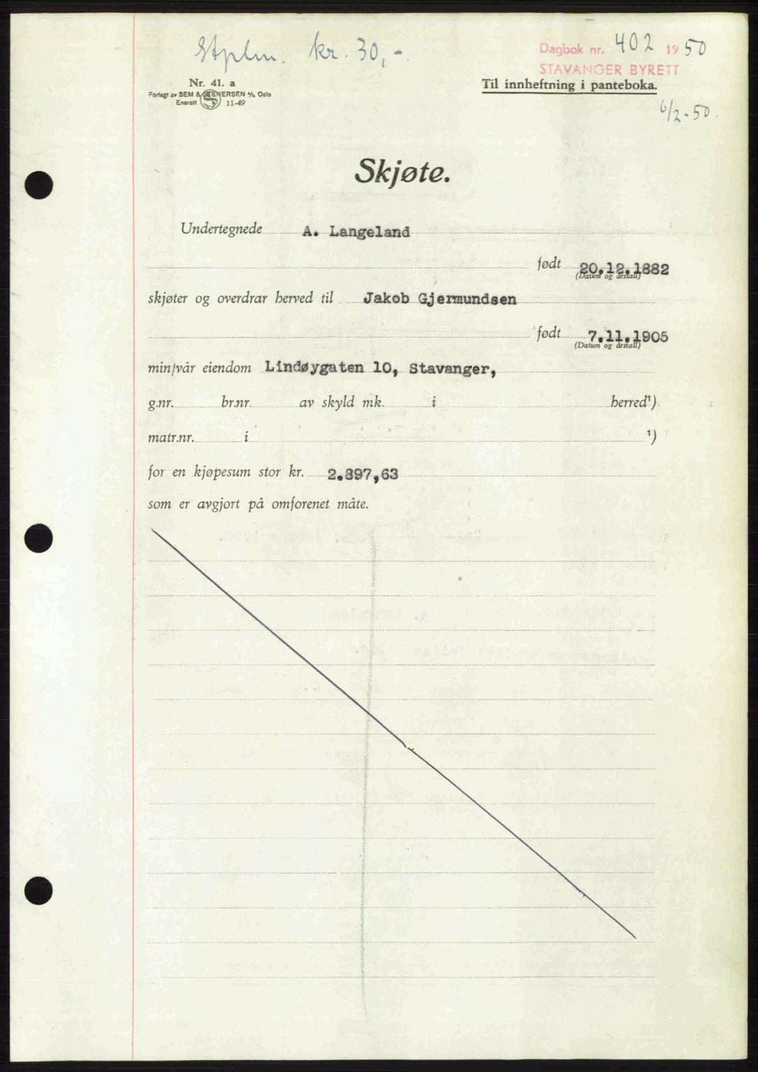 Stavanger byrett, SAST/A-100455/002/G/Gb/L0024: Mortgage book no. A13, 1949-1950, Diary no: : 402/1950