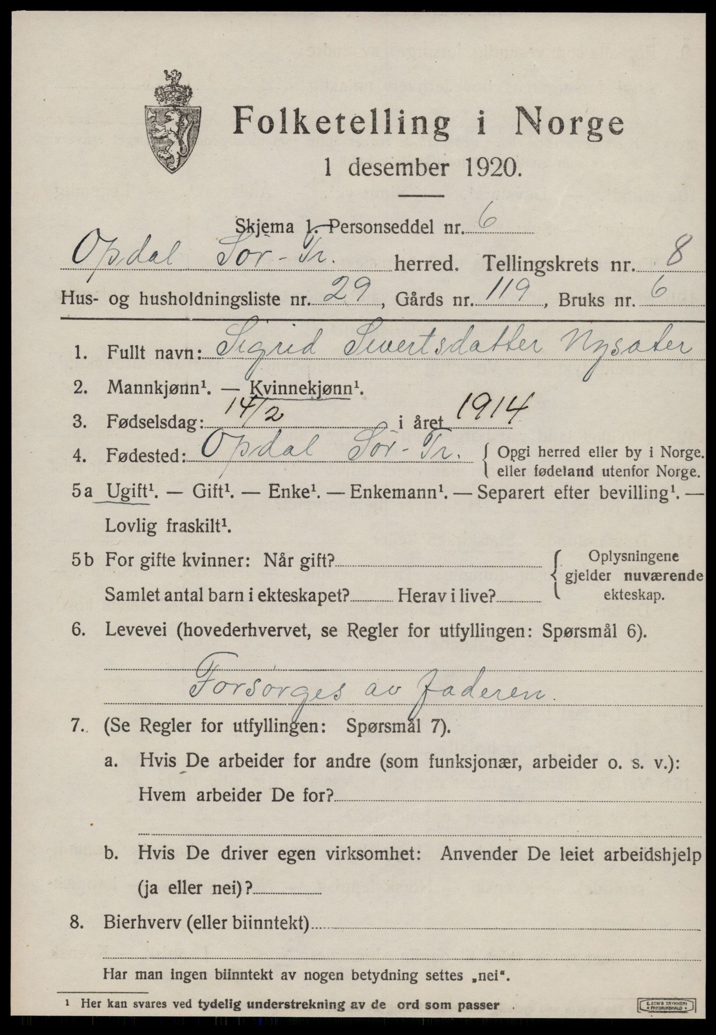 SAT, 1920 census for Oppdal, 1920, p. 7121