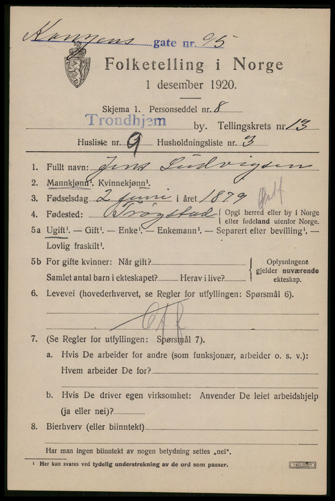 SAT, 1920 census for Trondheim, 1920, p. 50118