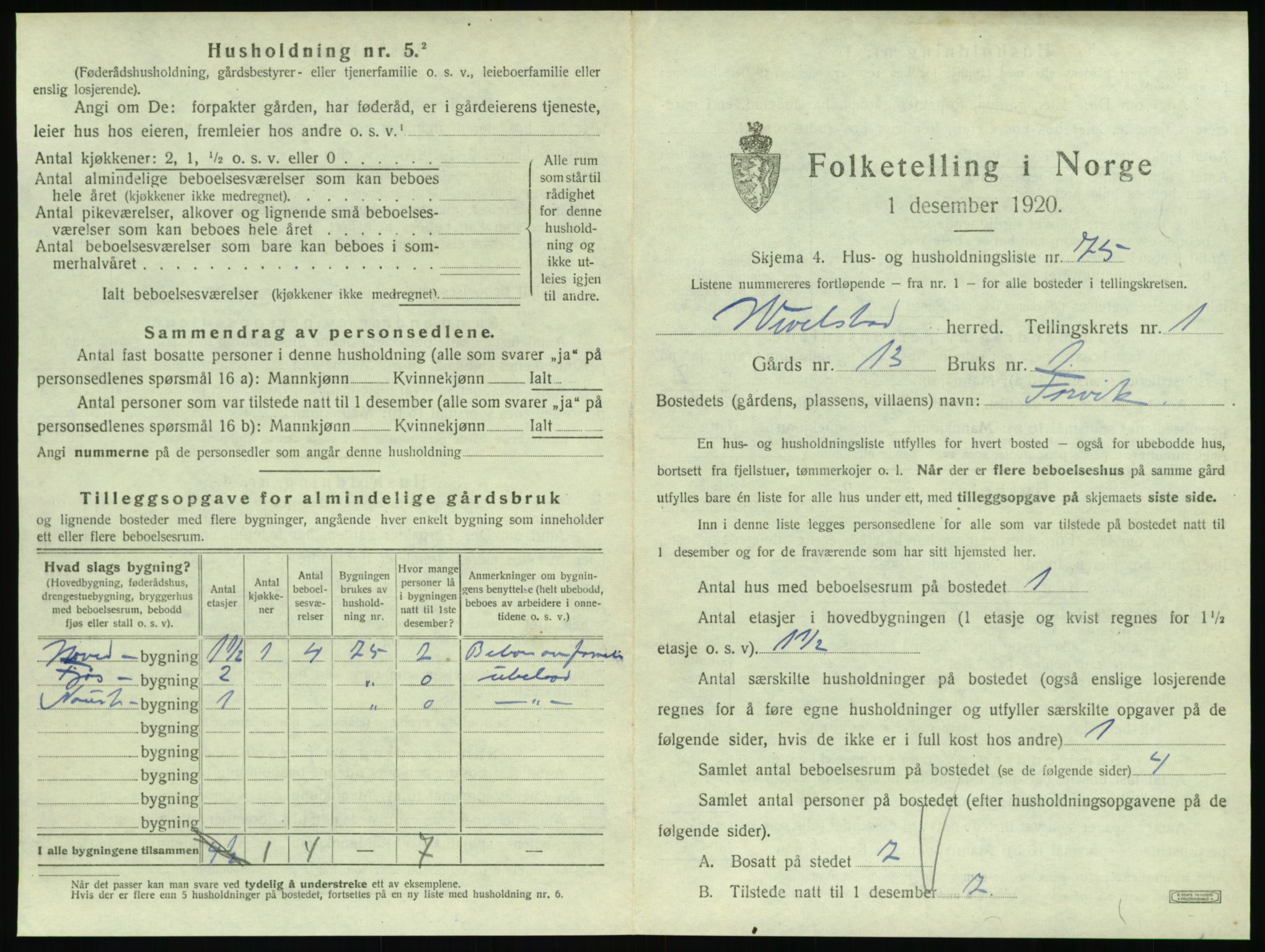 SAT, 1920 census for Vevelstad, 1920, p. 168