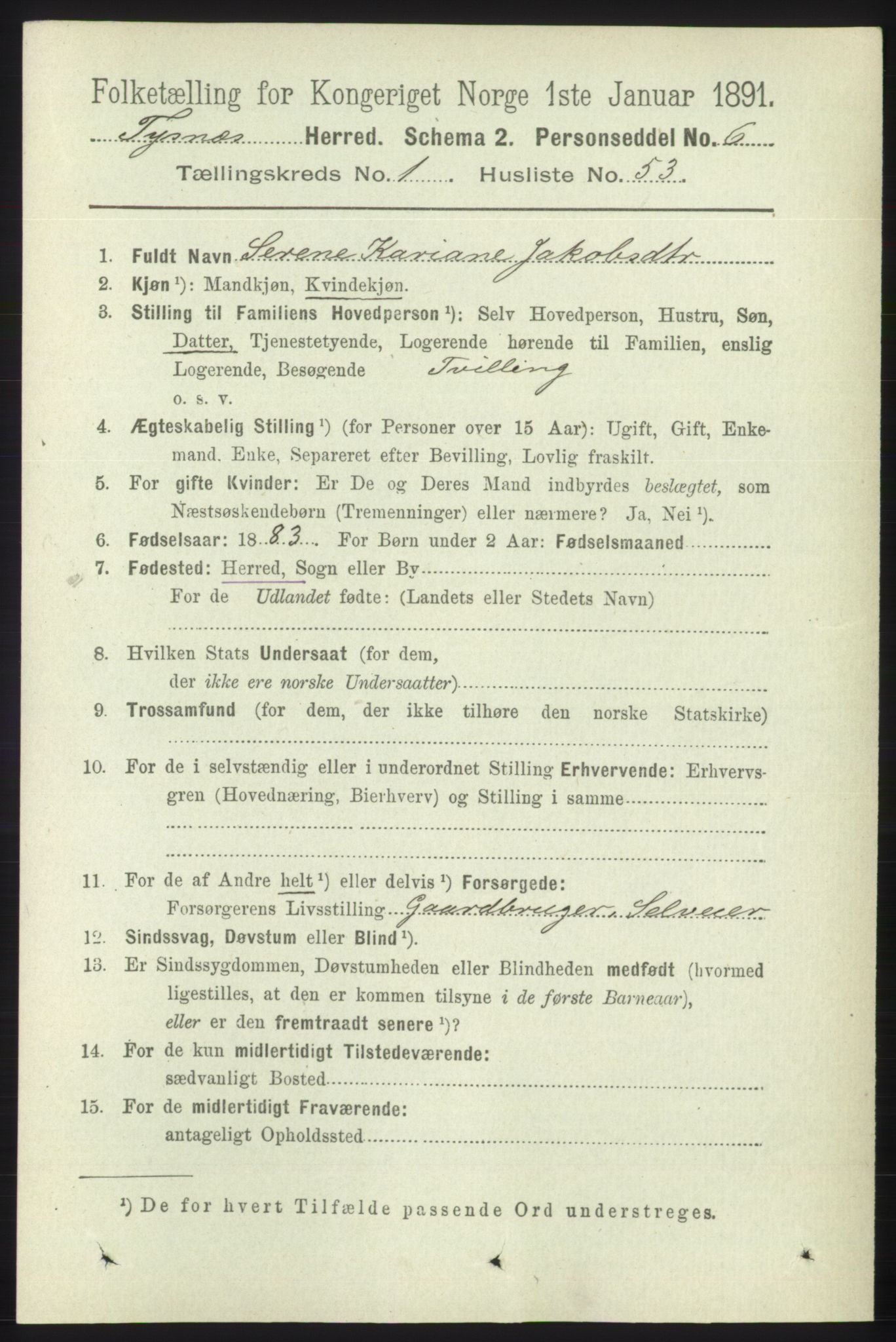 RA, 1891 census for 1223 Tysnes, 1891, p. 392