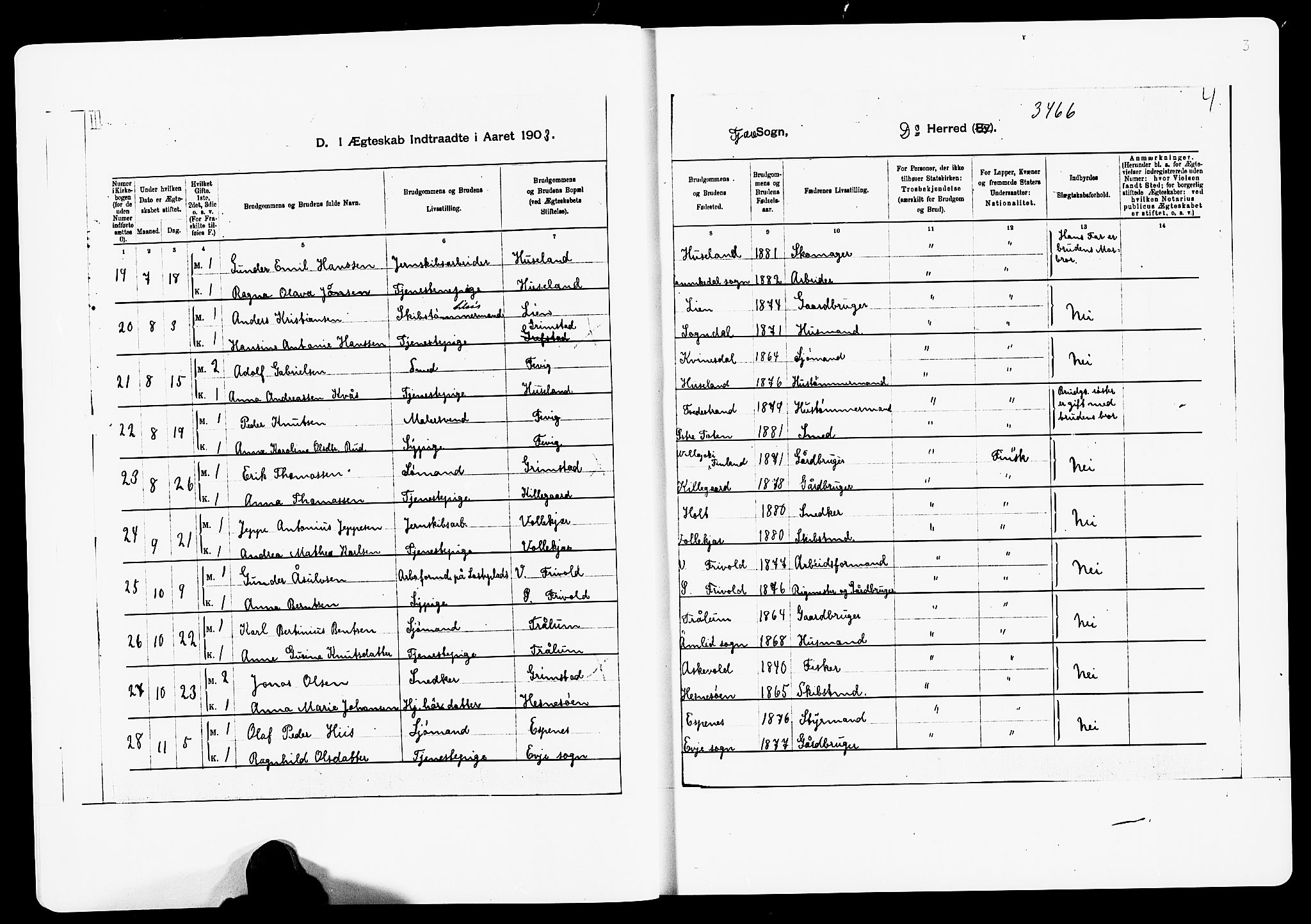 Fjære sokneprestkontor, AV/SAK-1111-0011/F/Fa/L0003: Parish register (official) no. A 3.1, 1903-1920, p. 3