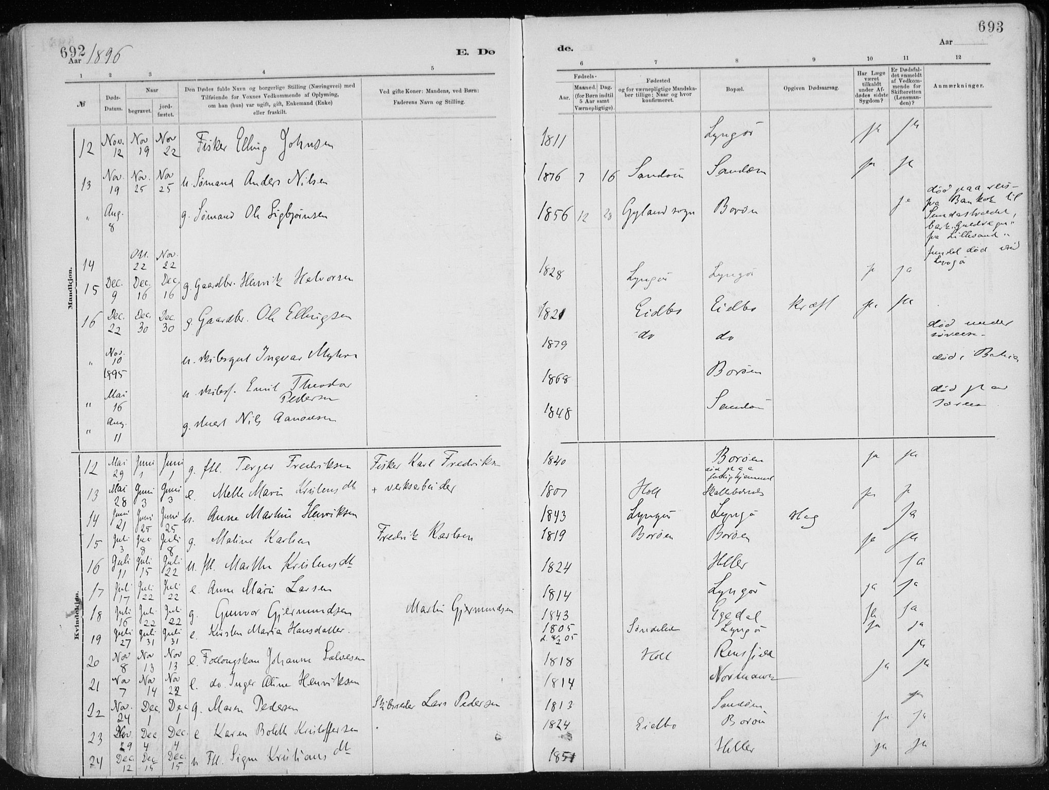 Dypvåg sokneprestkontor, AV/SAK-1111-0007/F/Fa/Faa/L0008: Parish register (official) no. A 8, 1885-1906, p. 692-693