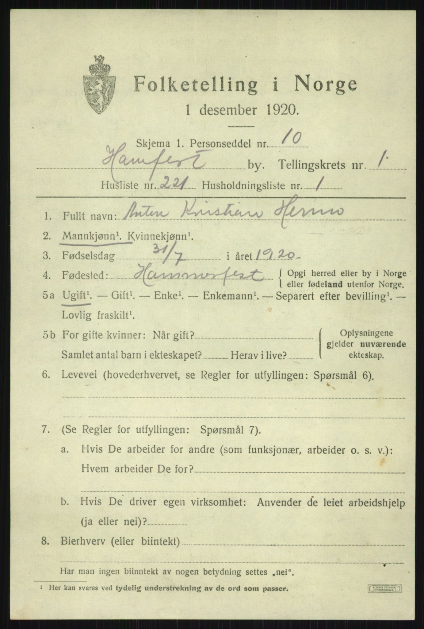 SATØ, 1920 census for Hammerfest, 1920, p. 5792