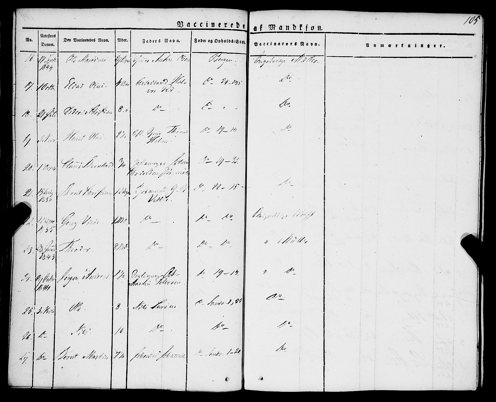 Korskirken sokneprestembete, AV/SAB-A-76101/H/Haa/L0050: Parish register (official) no. F 1, 1821-1869, p. 105