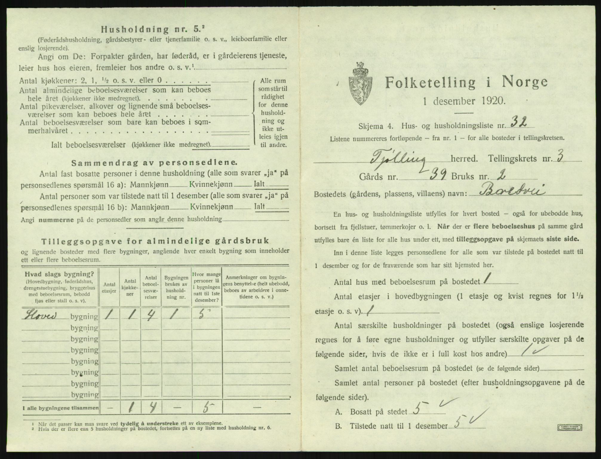 SAKO, 1920 census for Tjølling, 1920, p. 1029